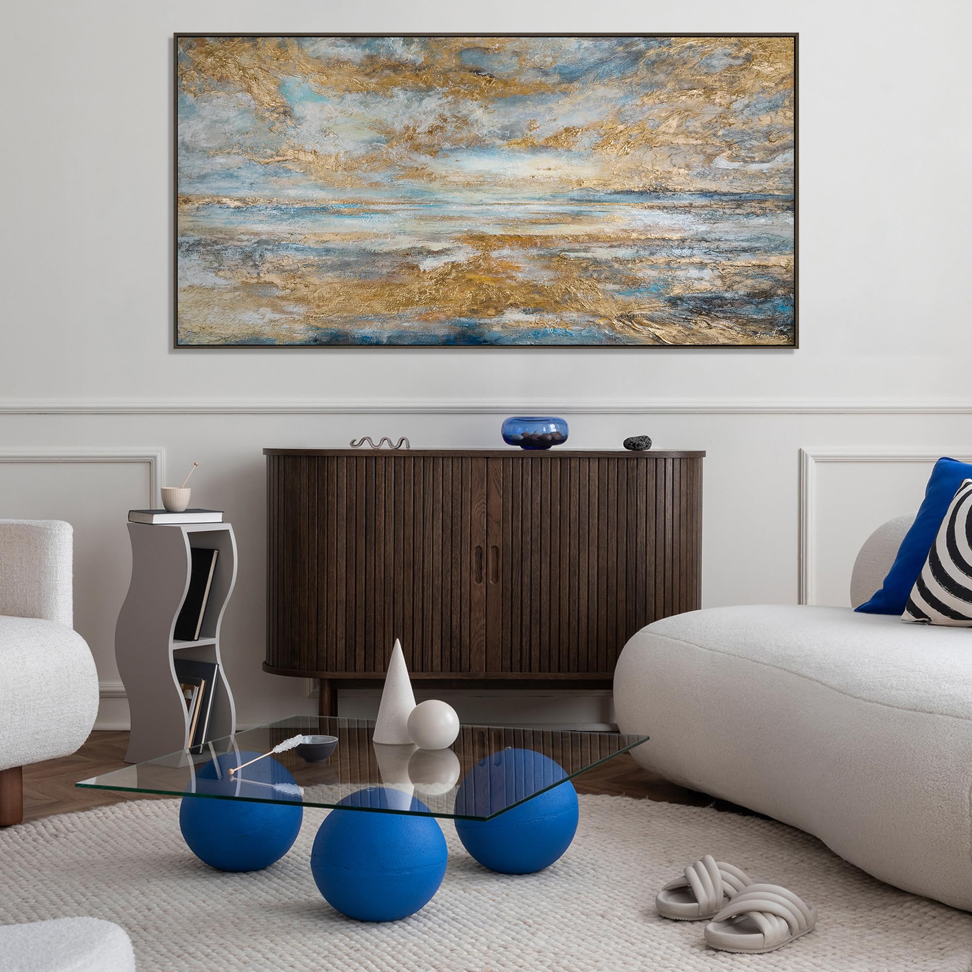 YS-Art Tableau fait à la main dans un cadre Baie d'or Paysage marin aube sur l'océan tons bleus et or Peinture abstraite Décoration 120x60 cm
