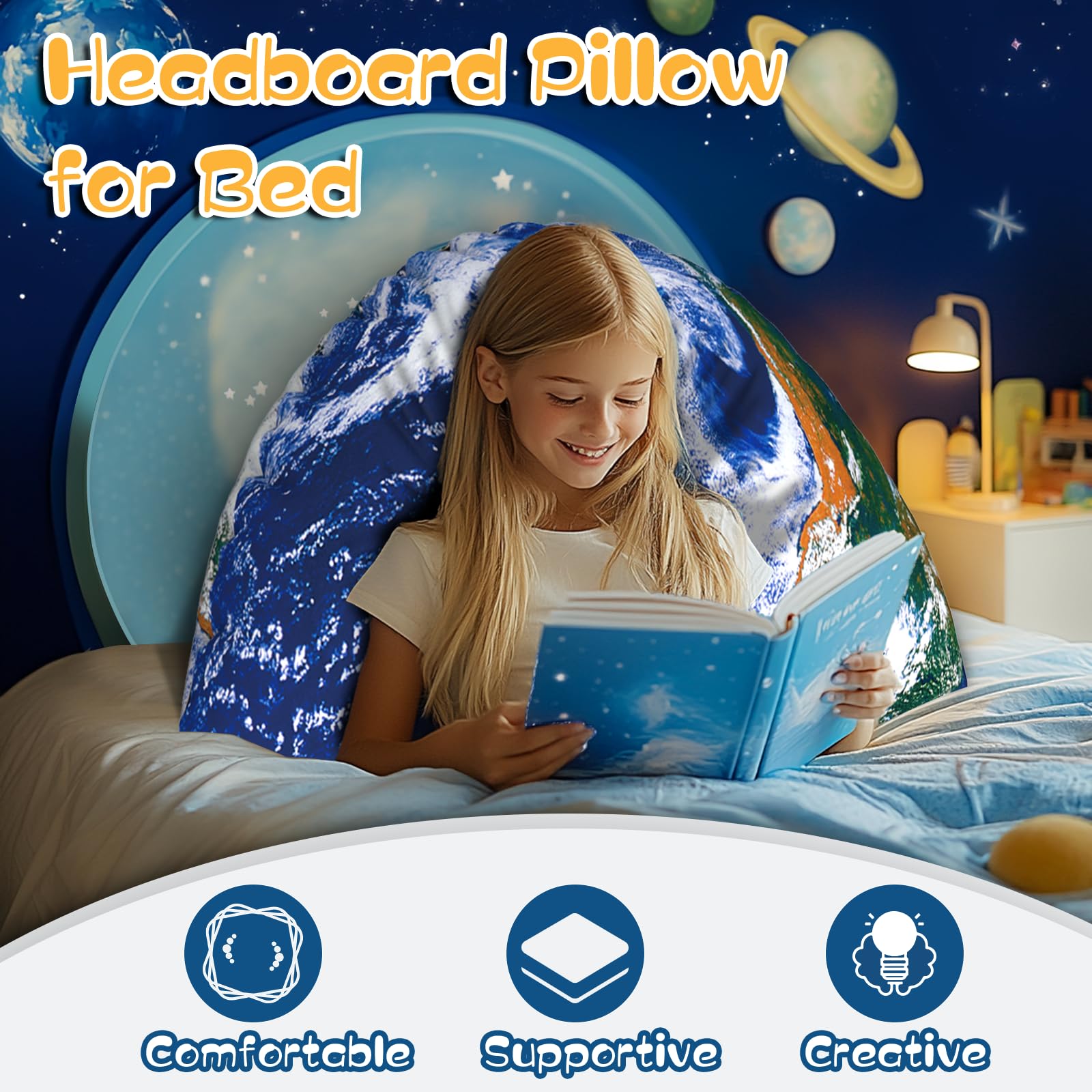 Kopfteilkissen für Kinder, waschbares Fell-Lese- und Bettruhekissen, Rückenstützkissen zum Sitzen im Bett, Bettwäsche-Geschenk für Teenager, Jungen und Mädchen (Jupiter) (Erde)
