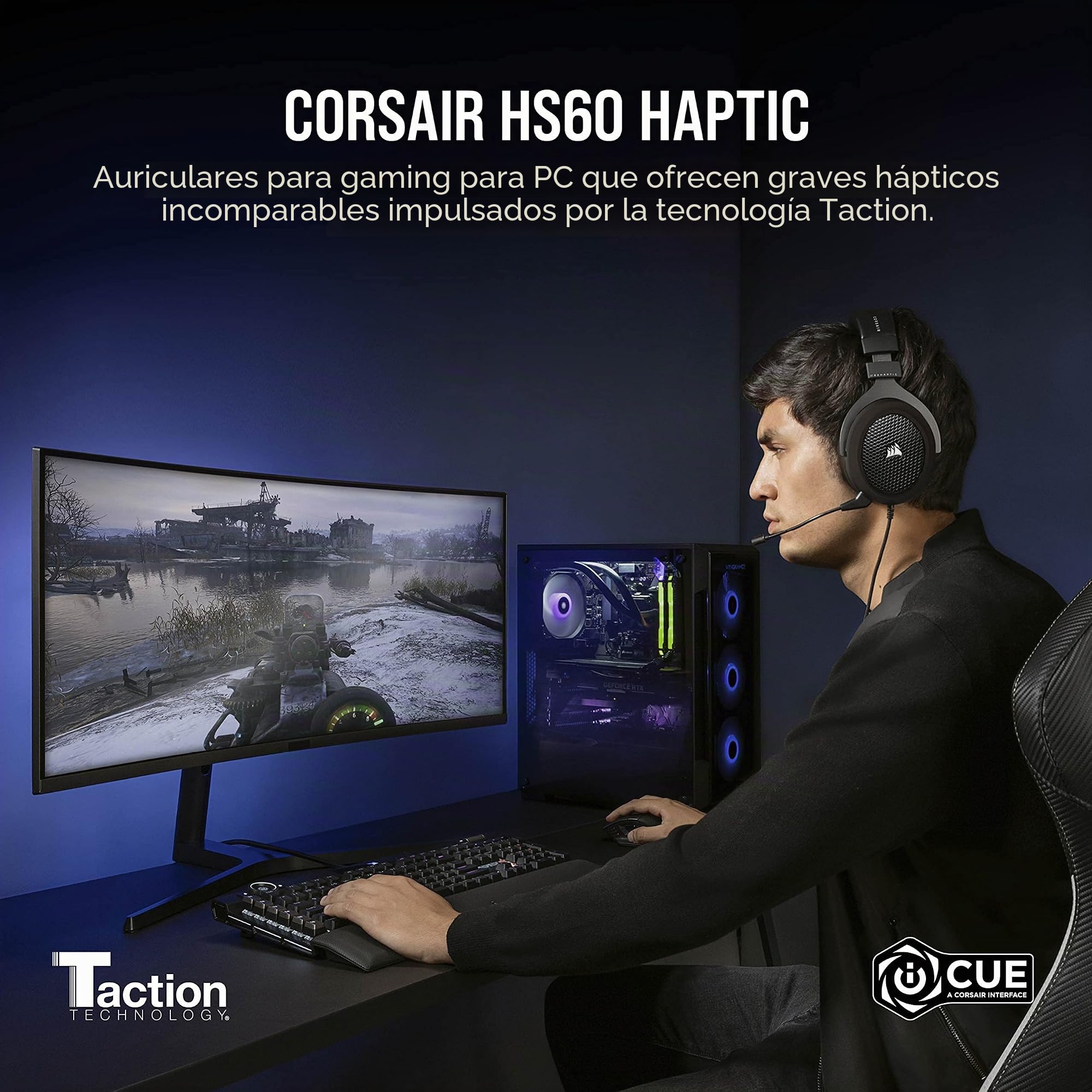 Corsair HS60 HAPTIC - Auriculares estéreo para Videojuegos con Graves hápticos, Carbono