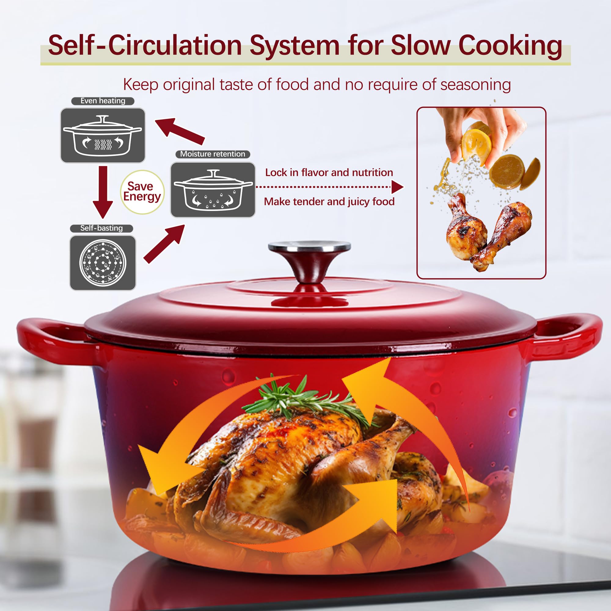 E-far Forno olandese smaltato 7QT, pentola rotonda in ghisa olandese con coperchio per cuocere pane/brasare/arrostire/stufare, pentole antiaderenti resistenti sicure per induzione e forno, rosso