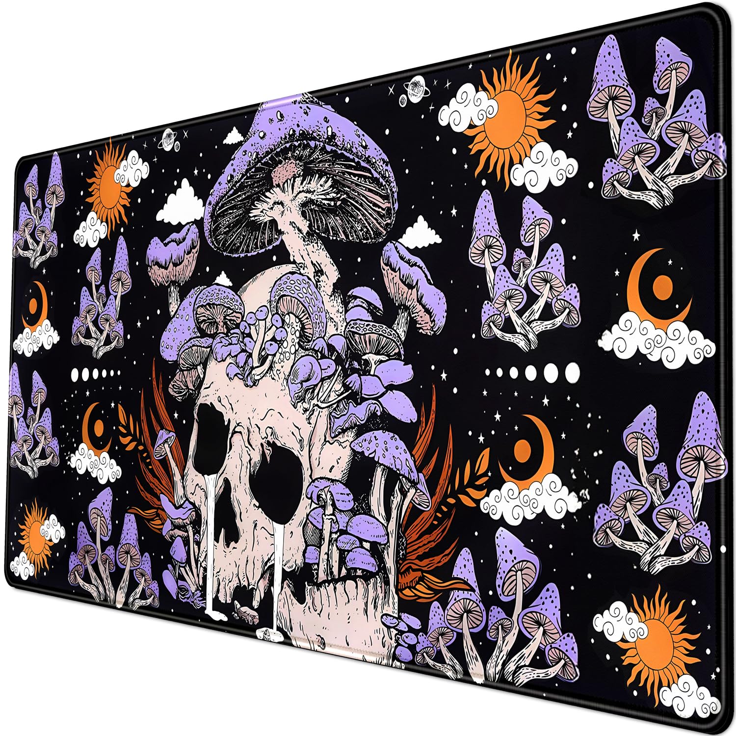 Black Mouse Pad Mushroom Desk Pad Skull Skeleton Purple Pc Laptop Office Keyboard Mouse Pads, Large Gaming Setup Office Extra Large Deskmat Laptop Mousepad 31.5x15.8 in-with Stitched Eges