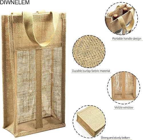 Miniatura 4 de DIWNELEM 1 paquete de bolsas de regalo de vino de arpillera con dos ventanas, doble ventana, dos botellas, bolsa de yute de arpillera para botellas