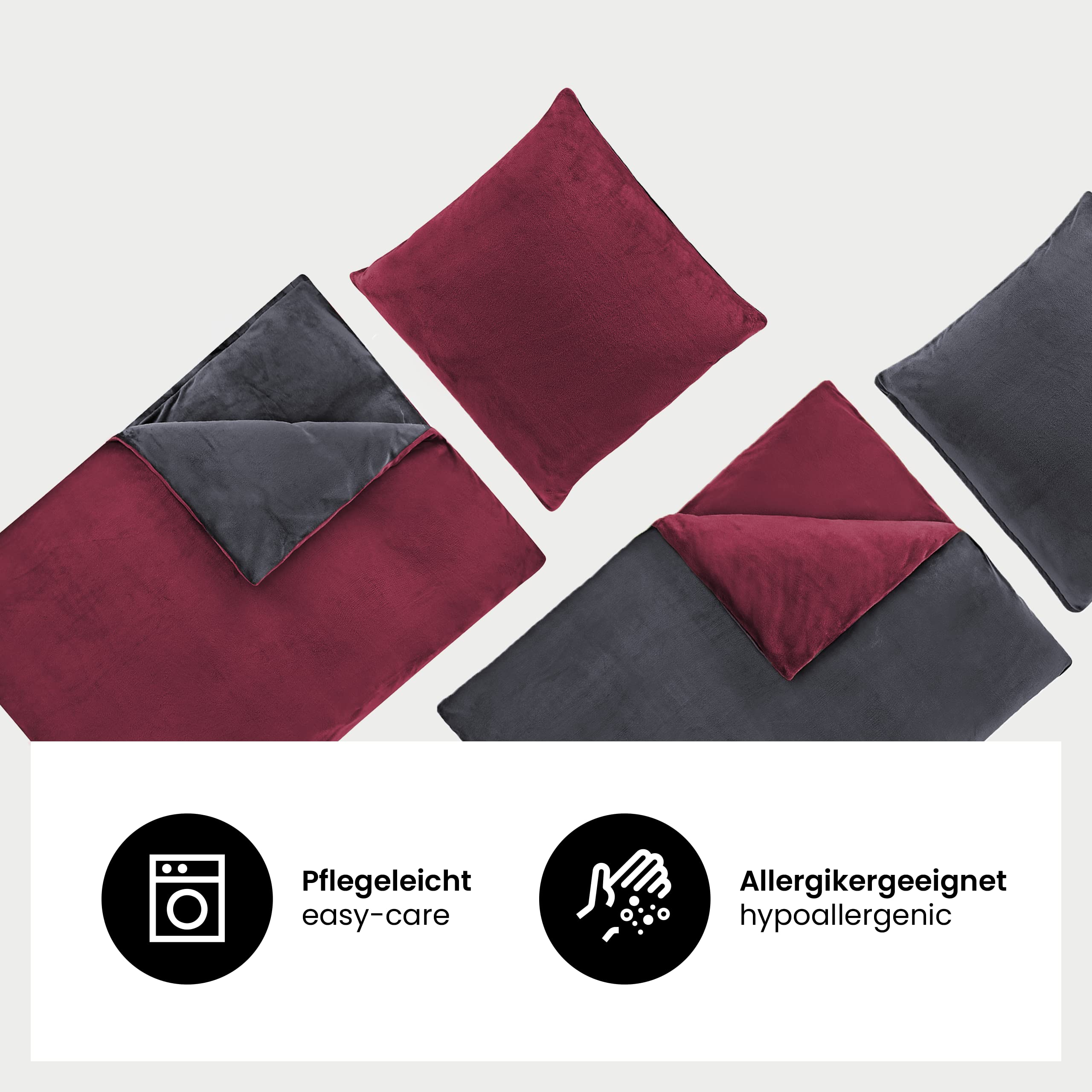 BaSaTex Winter Plüsch Bettwäsche Set, 4tlg. 135x200 cm, Anthrazit Bordeaux