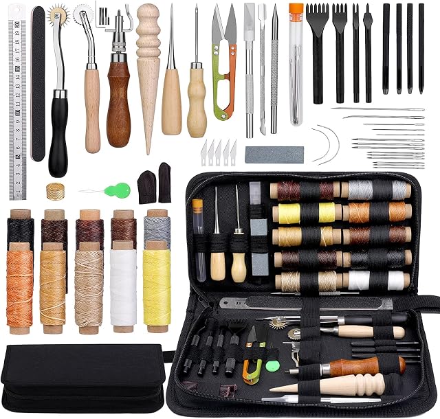 Leather Working Tools Leather Craft Tools and Supplies Leather Craft Kit with Waxed Thread Stitching Groover Awl for Cutting Punching, Leather Sewing Craft Making and Craft DIY
