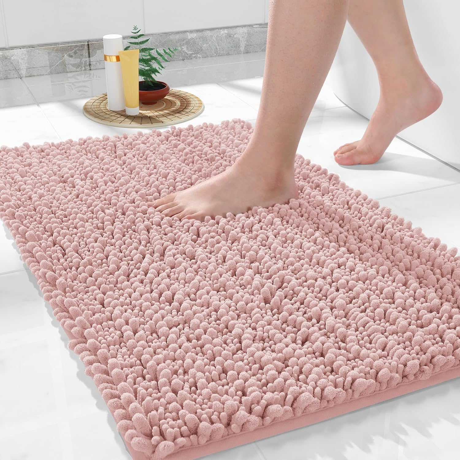 Yimobra Bathroom Rugs Non Slip Washable - Ultra Soft Absorbent Chenille Bath Mat, Quick Dry Shaggy Floor Carpet for Tub Shower, Light Pink Home Decor Accessories, 24x17 Inch