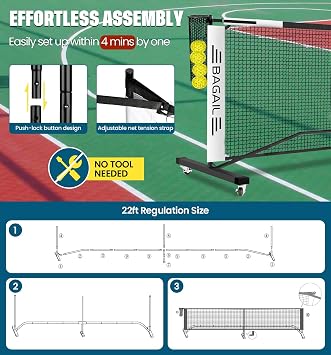 BAGAIL Portable Pickleball Net Set, 22 FT Regulation Size Pickle Ball Net with Ball Collector, 4 Balls and Carry Bag, Easy Setup for Outdoor Indoor Driveway