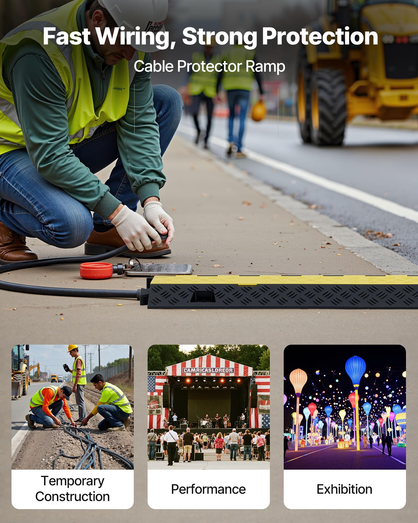 VEVOR Protector de Cables para Suelo de 2 Canales de 31 x 28 mm, Rampa de Protección de Cable Carga de Capacidad de 9979 kg, Rampa para Interiores, Exteriores, Hogar, Oficina, Almacén, 3 Piezas