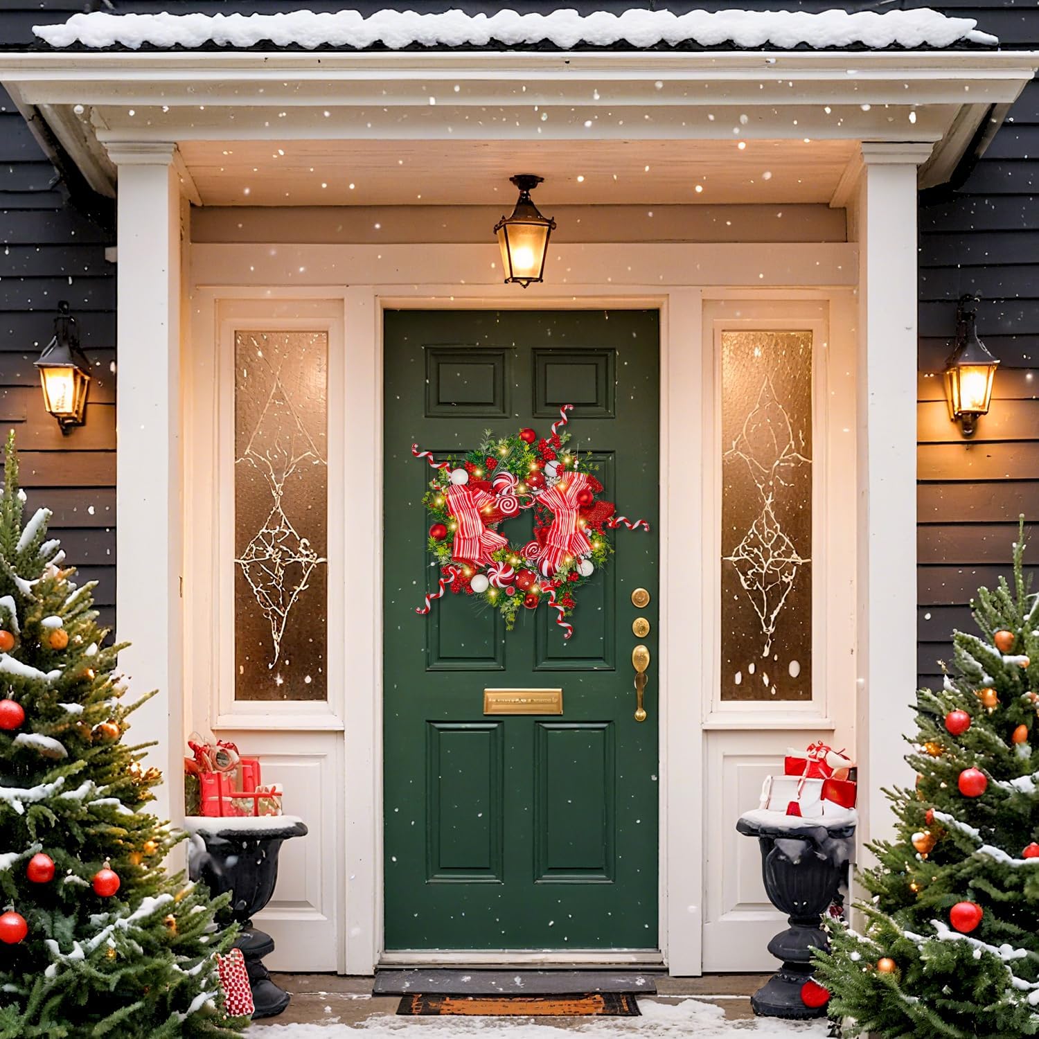 Christmas Wreath, 17-24 Inch Christmas Wreaths for Front Door with Lights Balls Red Bows Candy Canes Berries Pine Needles Greenery Wreath Xmas Decoration Ornaments Rustic Wall Porch Home Party Decor