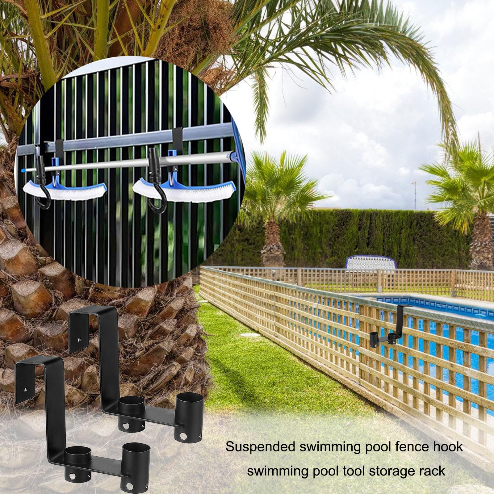 Lot de 2 organiseurs d'accessoires de piscine en métal pour brosses, tête d'aspirateur et poteaux pour clôture, solution de rangement à suspendre pour équipement de piscine
