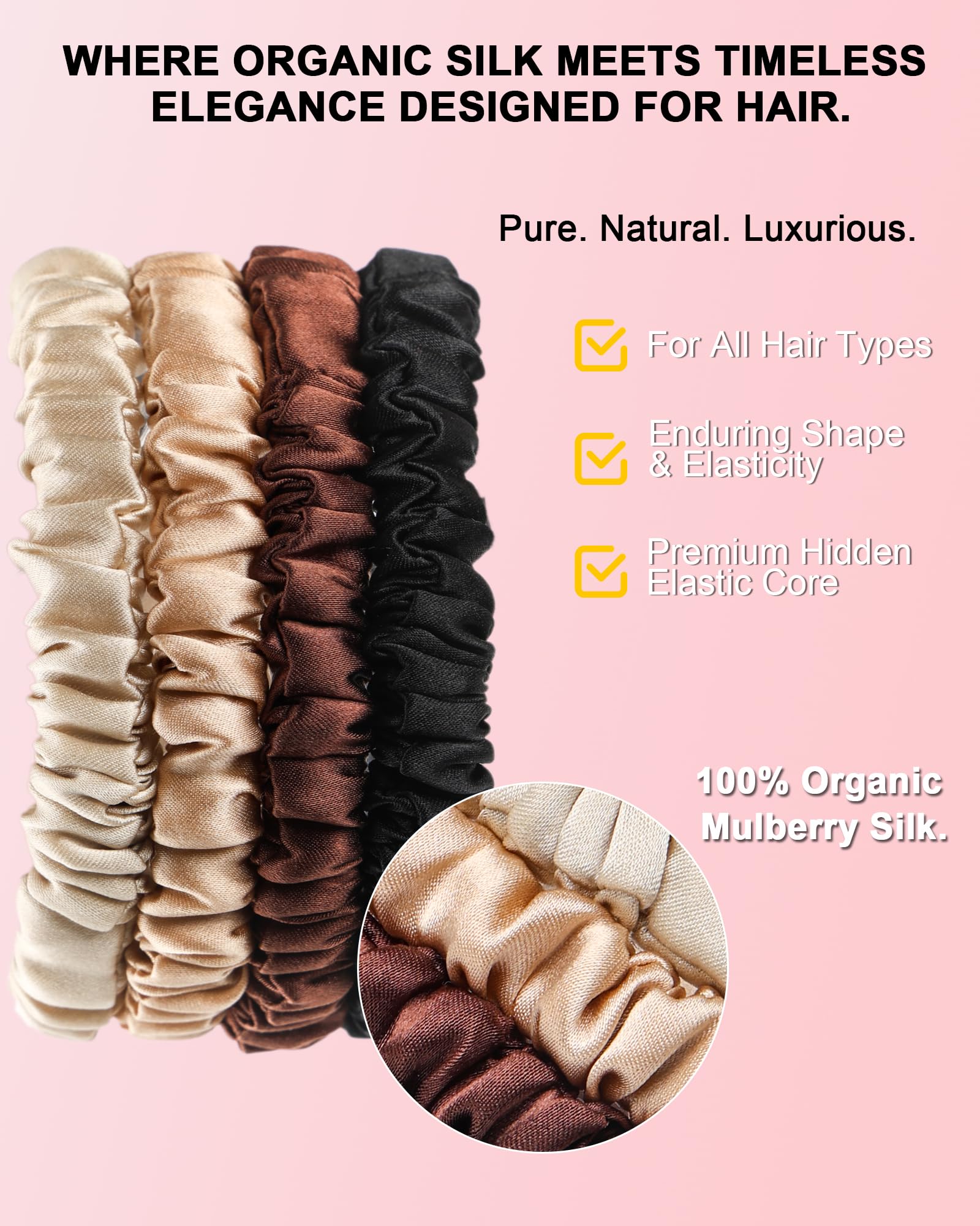 Pack de 4 Coleteros de Seda Natural 100% Mora 16 Momme, Gomas de Pelo Seda Antirotura para Mujer, Scrunchies Pelo Antifrizz para Dormir y Diario, Tonos Chocolate y Tierra