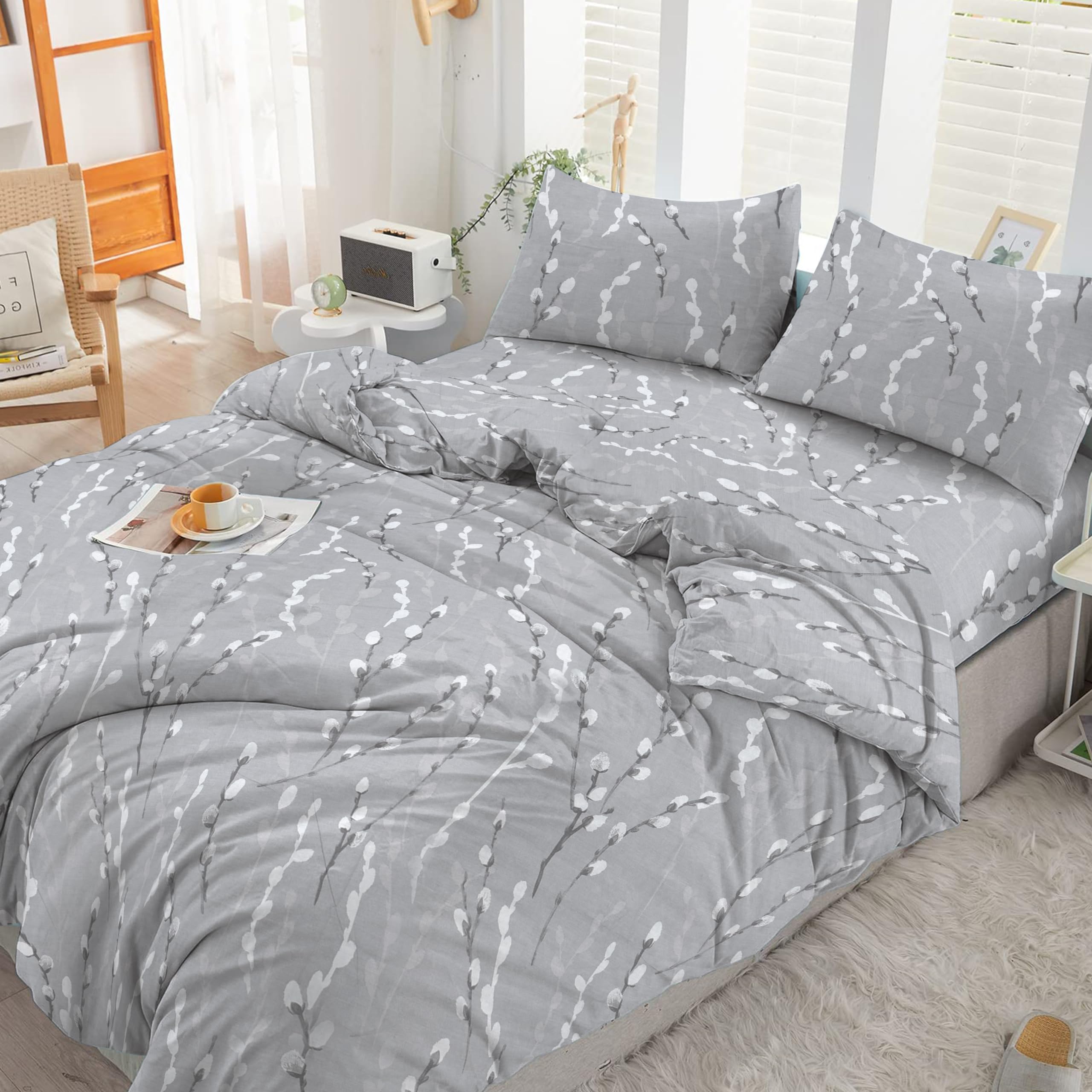 Cotton Comfort Bedding& Linen 2PCS Single Duvet Cover Set 100% Egyptian Cotton Bedding Single Bed Set 400 Thread Count Floral Printed Silver Mist Duvet Cover Single with Pillow Case