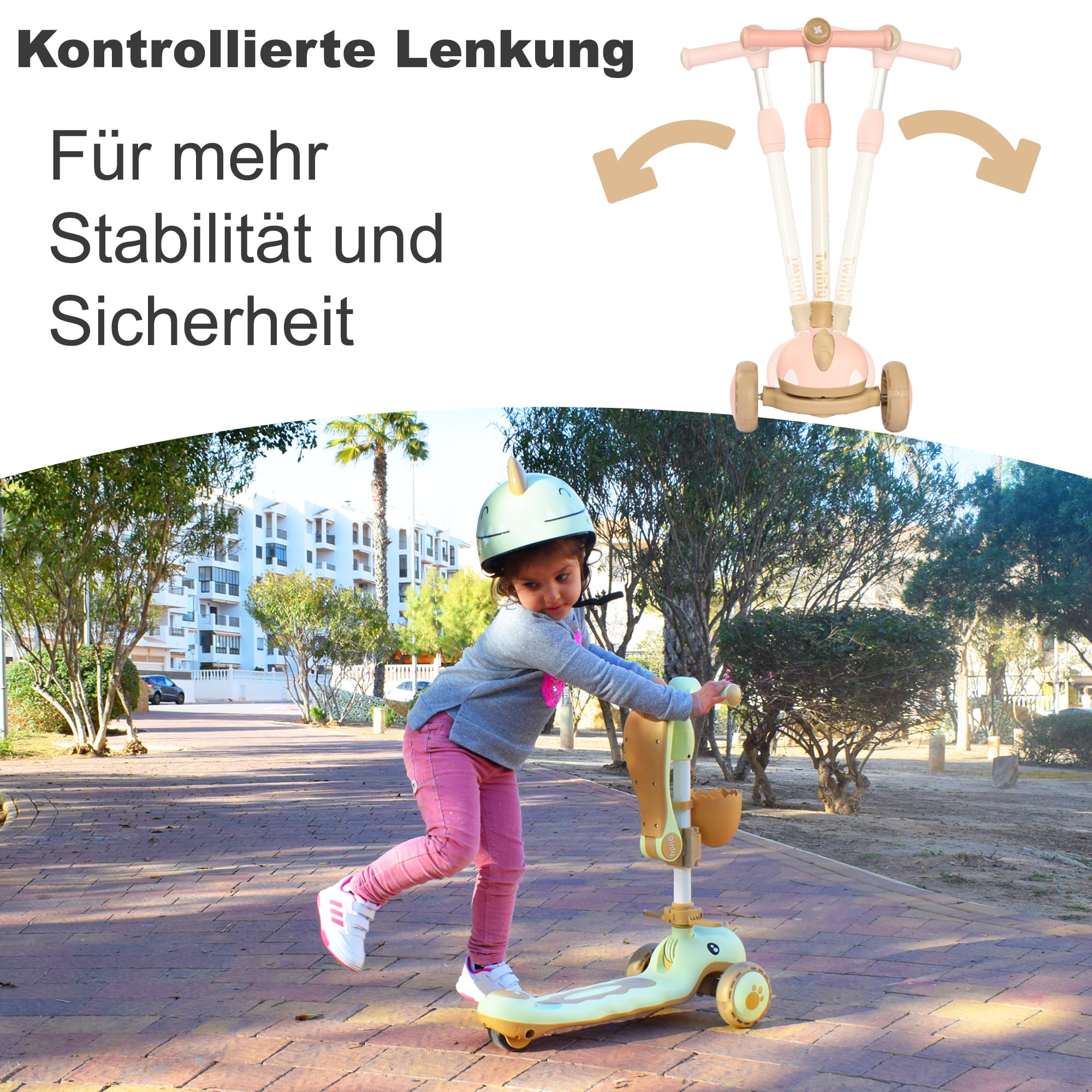 Twinly Dinly Kinderroller 3 in 1 mit Sitz, Helm & LED-Rädern, Weiß | Klappbar, Elternlenkstange, Bis 30 kg