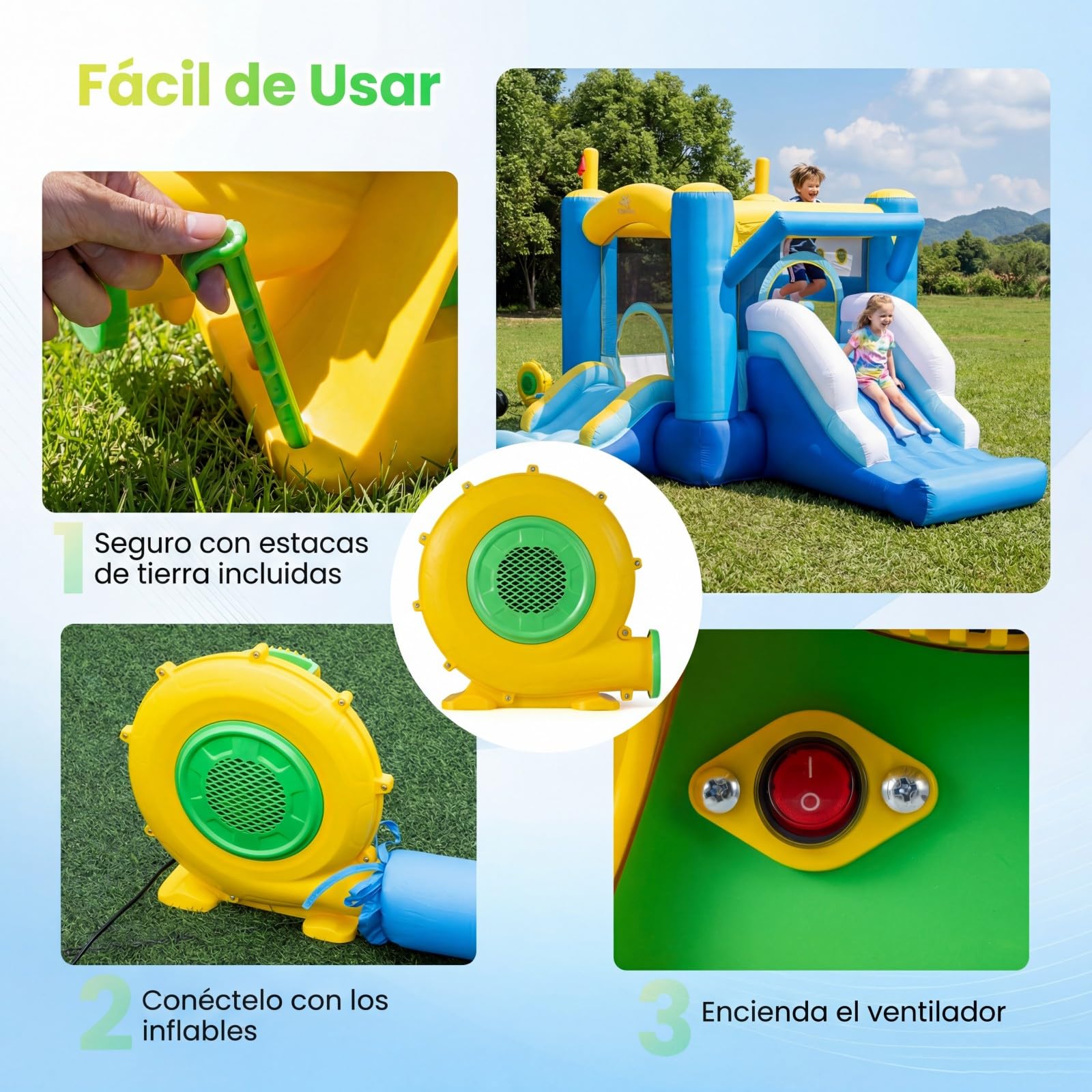 COSTWAY 680W Soplador de Aire para Castillo Hinchable, 220-240V Bomba de Bajo Ruido con 4 Estacas de Tierra y Cable de Alimentación, 2340pa Ventilador Eléctrico Potente para Juguetes Inflables