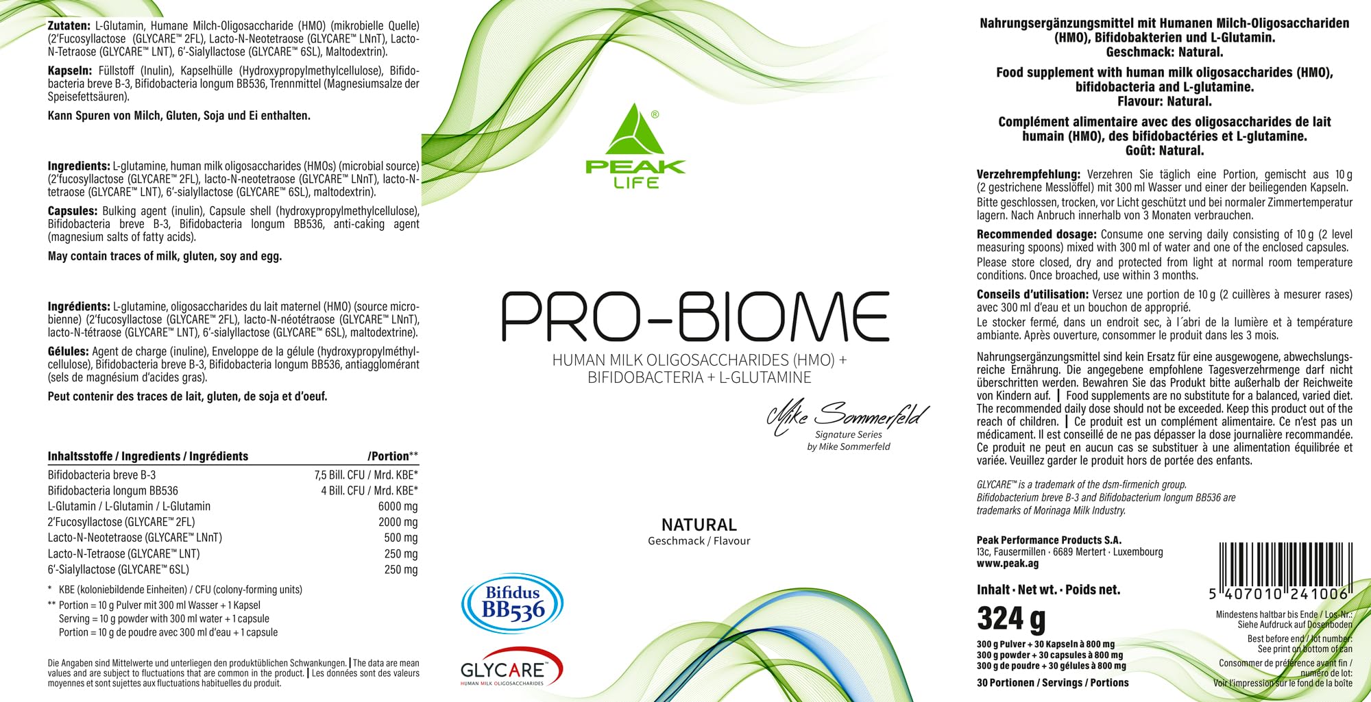 PEAK Pro-Biome - 324g Geschmack Natural I 30 Portionen I GLYCARE HMOs - Human Milk Oligosaccharides + lebende Kulturen - Bifidobacterium BB536 + B-3 I L-Glutamin I zur Unterstützung der Darmgesundheit