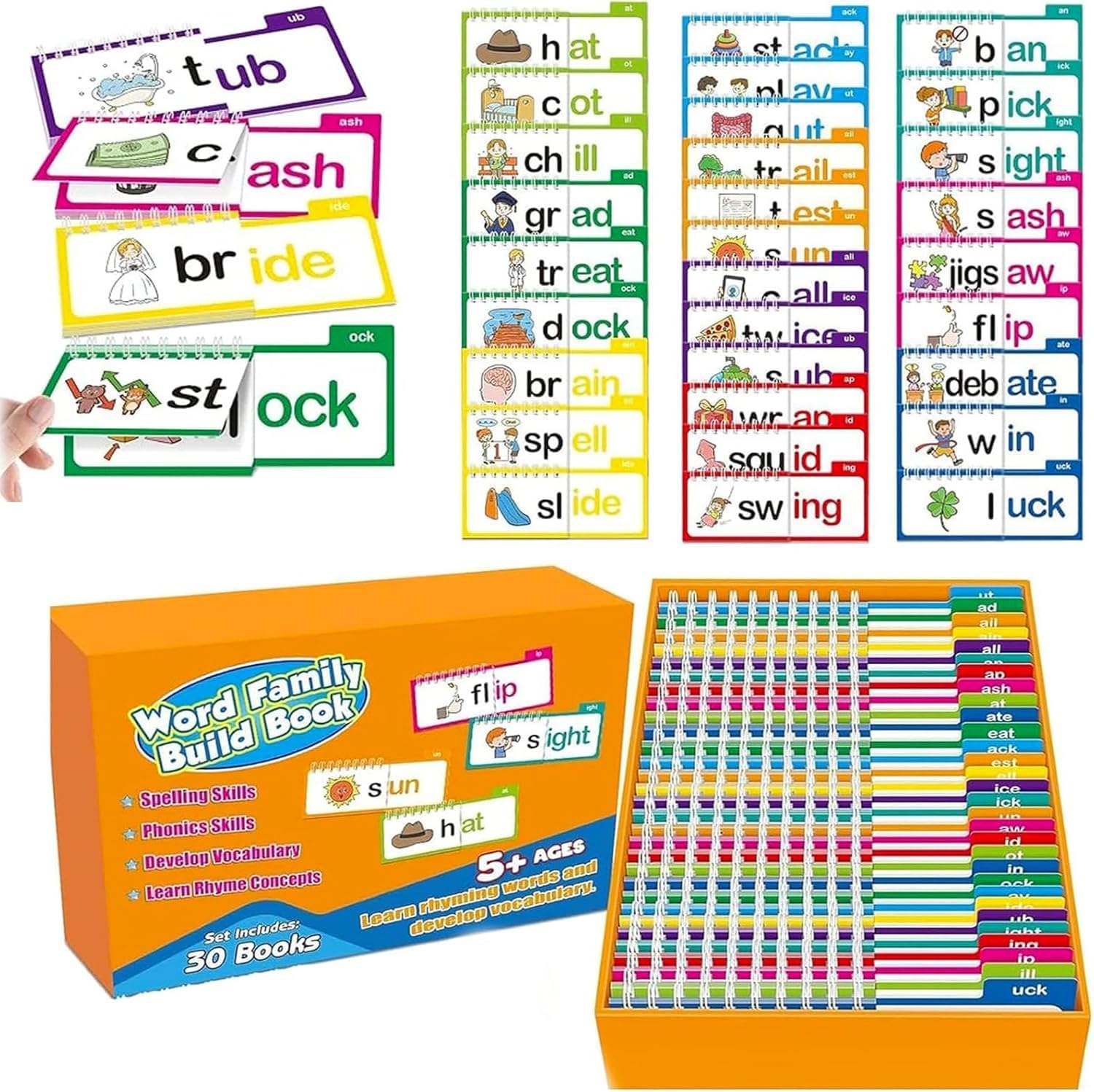 ASQzhuLIWing 30pcs reading rhyme flip book, word family flip word family construct ABC vocabulary flash card, educational reading book suitable for children and classroom