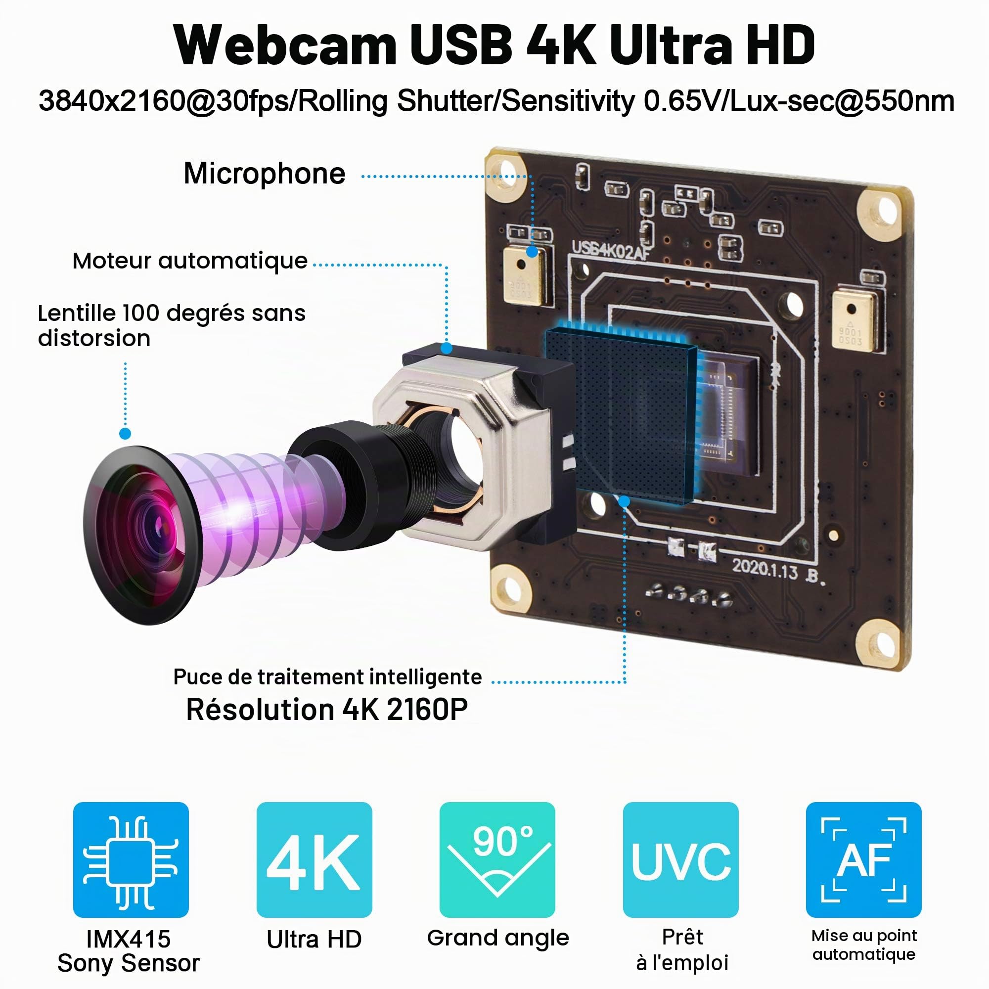 ELP 4K Module de caméra autofocus Ultra HD USB avec objectif sans distorsion IMX415 Capteur 2160P 30fps Webcam USB4K02AF-V100