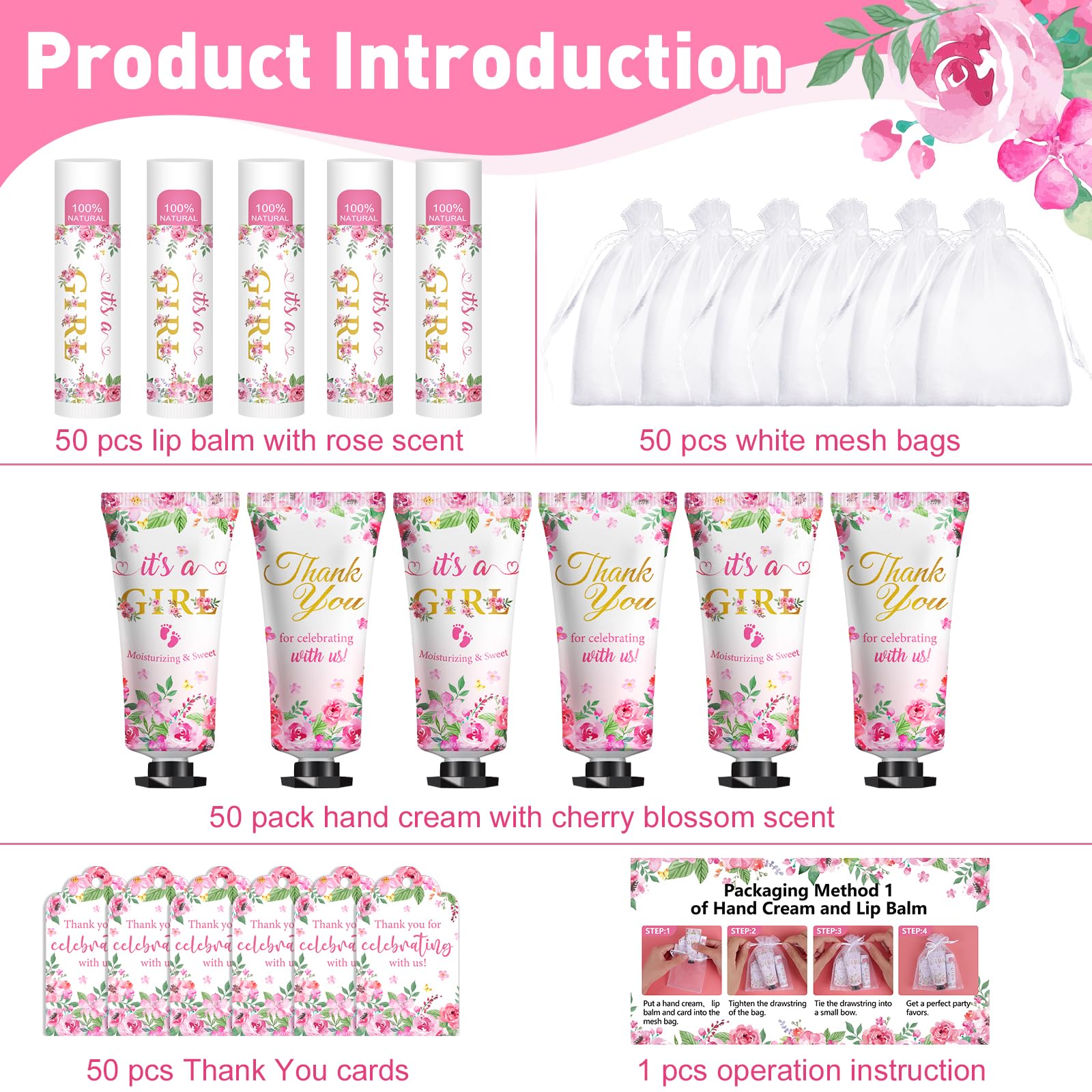 KONEUK 50 Stück Handcreme & Lippenbalsam, Großpackung, Geschenkset, Babyparty & Junggesellinnenabschied, Geschenke mit Dankeskarte & Organzabeuteln, Geschenk-Set