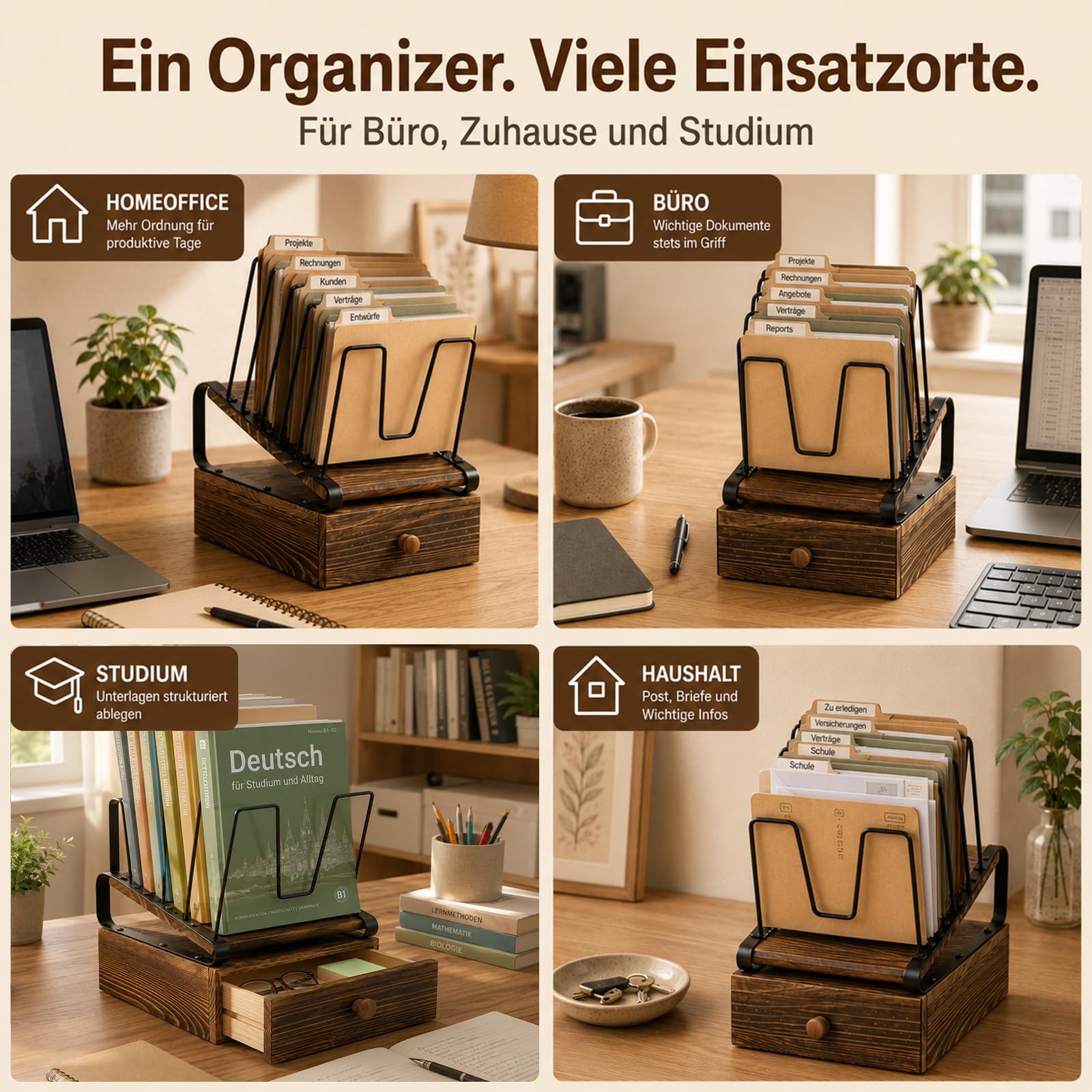 Büro Dokumentenablage Holz, Briefablage A4, Schreibtisch Organizer Holz | 5 Ebenen, Desk, Schublade, Stehsammler Papierablage für Home Office Regal, Schule und Aktenordnung