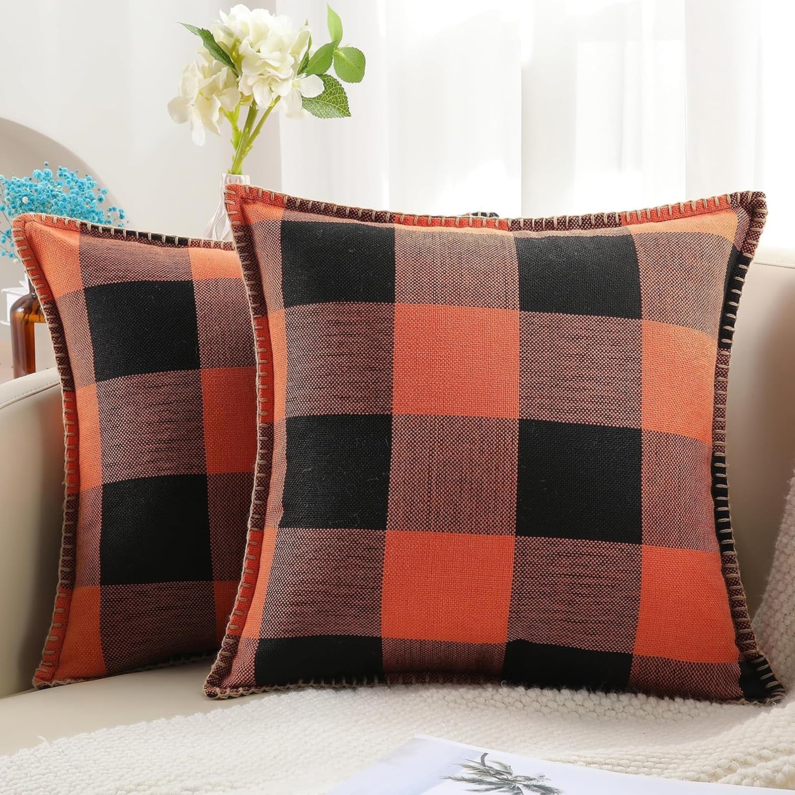 decorUhome Summer Buffalo Plaid Check Throw Pillow Covers 18x18 Set of 2 Outdoor Linen Decorative Farmhouse Gingham Pillow Covers with Stitched Edge