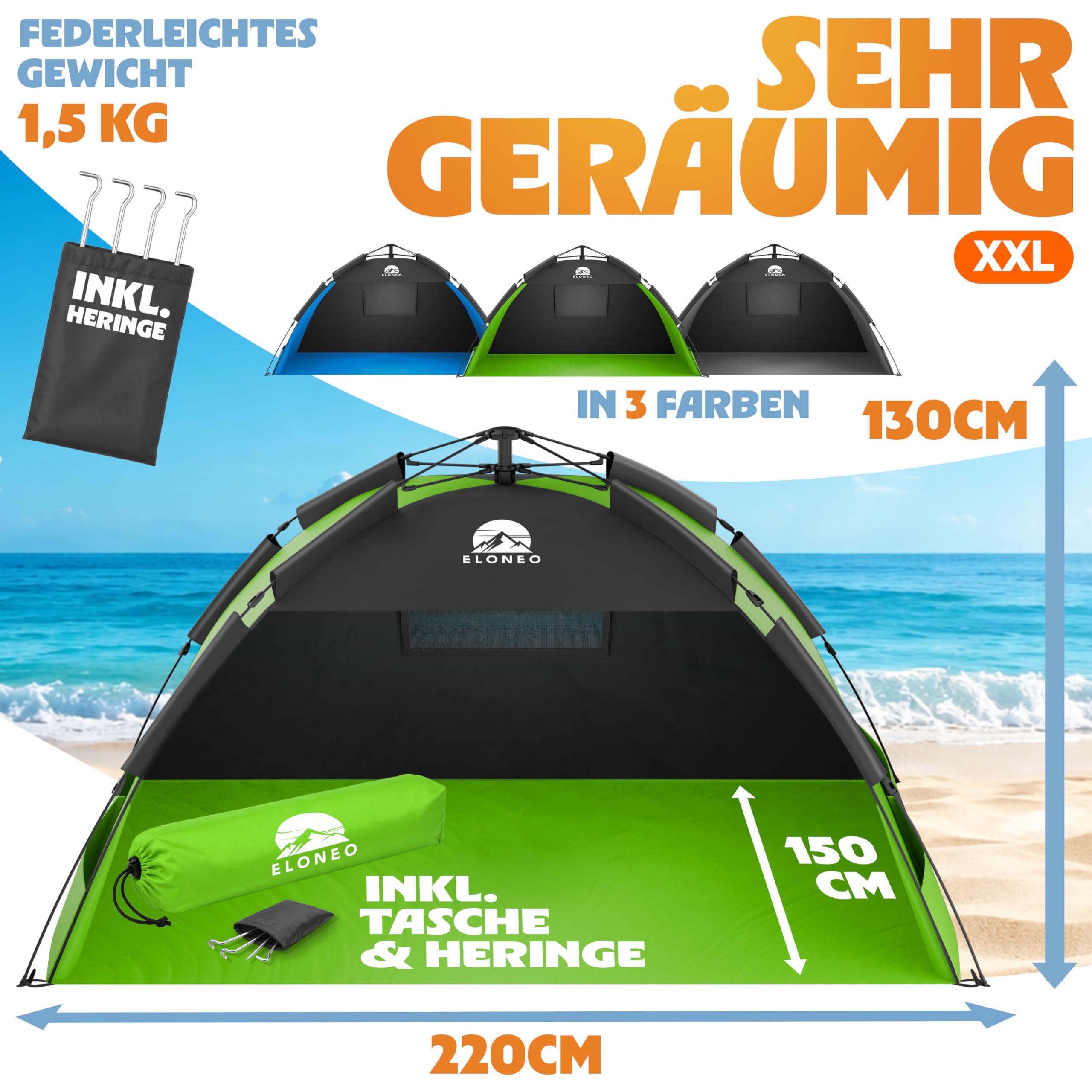 ELONEO Pop Up Strandmuschel UV Schutz 50+ | Strandzelt XXL 220x150x130 cm | Leichter Aufbau und kleines Packmaß inkl. Tragetasche | Strand Sonnenschutz & Windschutz für Babys und Erwachsene