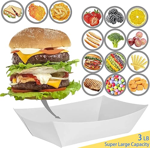 Miniatura 4 de MotBach Paquete de 100 bandejas de papel kraft de 3 libras, impermeables, resistentes, botes de alimentos, cestas desechables para papas fritas,