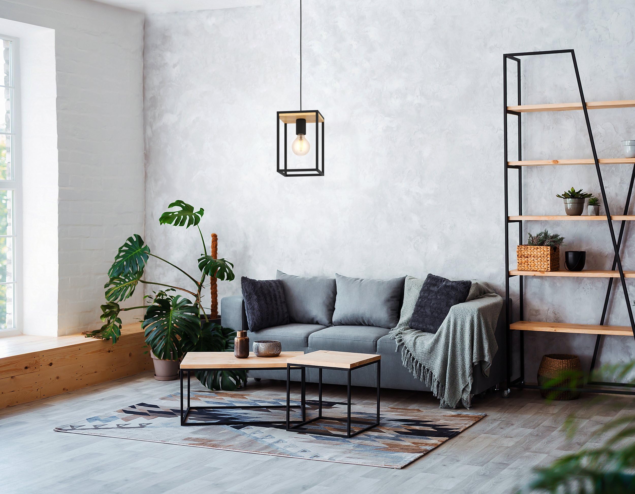 Eglo Suspension luminaire Libertad, lustre chambre en métal noir et bois | naturel, plafonnier salon ou salle à manger, douille E27