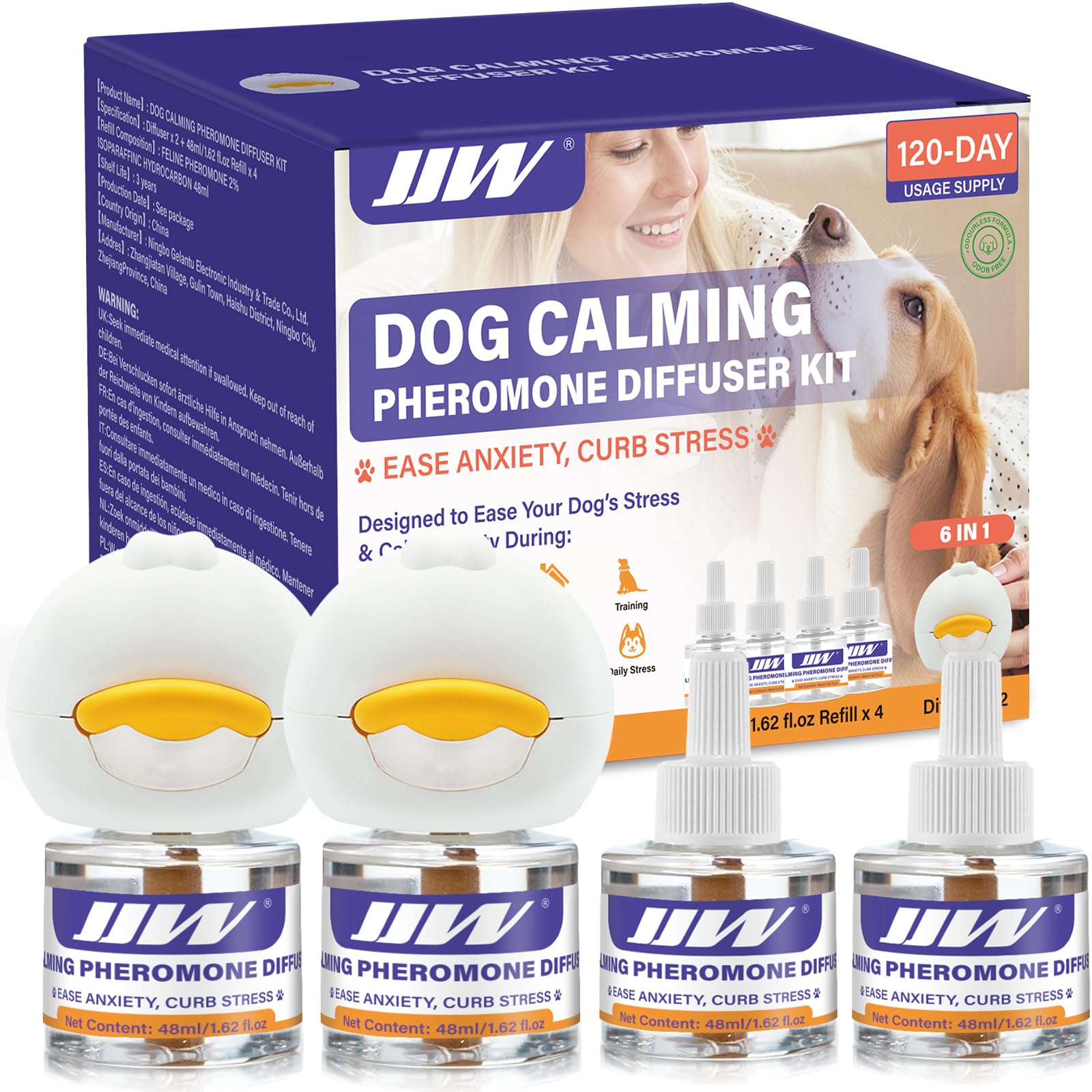 JJW Kit Diffuseur de Phéromones pour Chien 6-en-1 | 2 Diffuseurs + 4 Recharges (120 Jours) | Anti-Stress, Réduit Aboiement/Mordillage | Inodore & Sûr (01)
