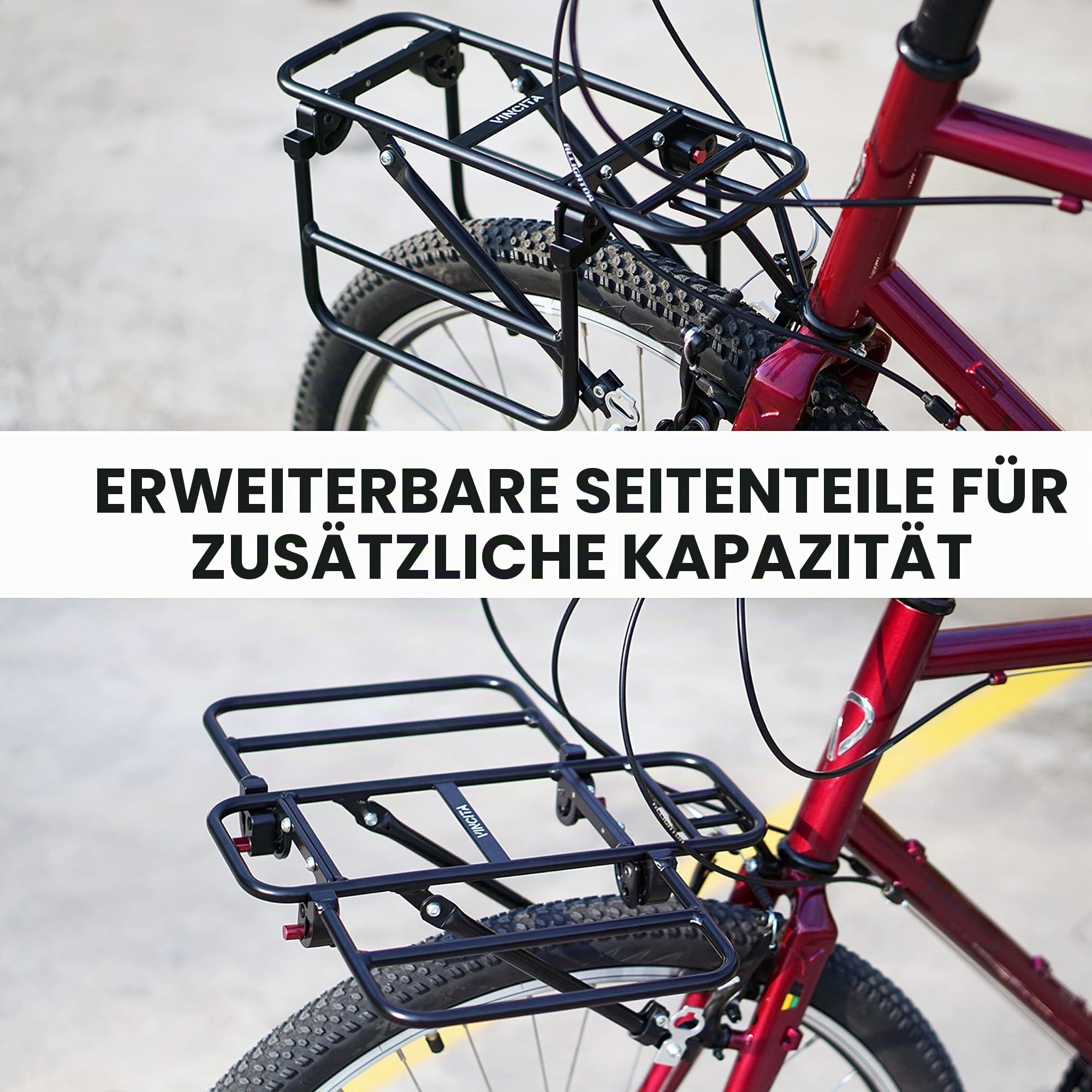 Vincita Fahrrad Frontgepäckträger, mit erweiterbarem Flügel für Rahmengrößen von 26 Zoll bis 29 Zoll, Schwarz, R, maximale Belastung von 22 LB – Fahrrad Gepäckträger