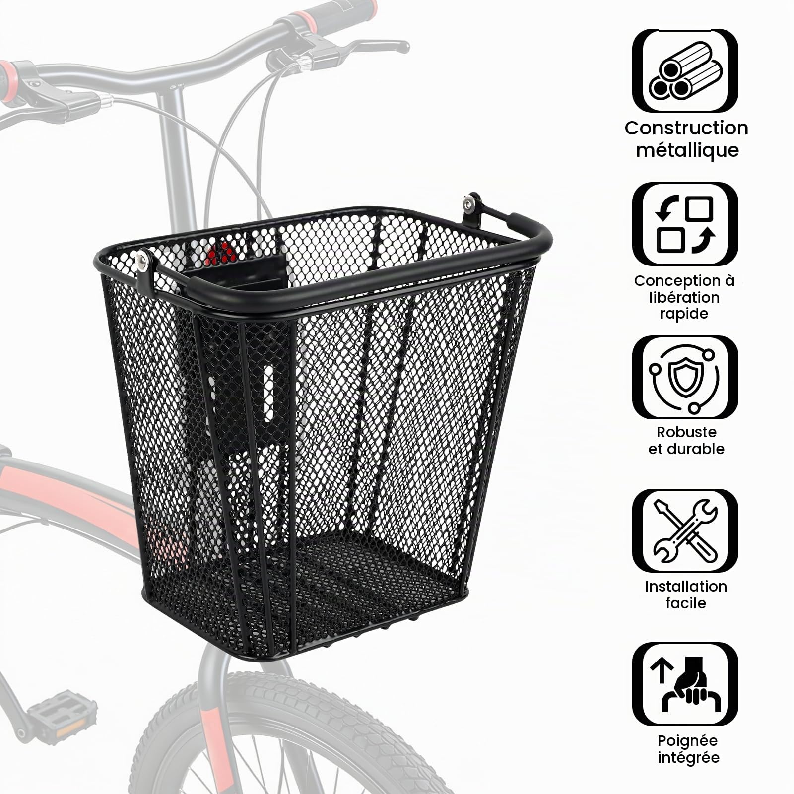 Panier Avant Trottinette Électrique, Panier de Guidon Amovible | avec Fixation Rapide, Compatible Guidon 34–62mm, Charge Max 15kg, Panier Métallique Solide avec Poignée, 22x17x24,5cm