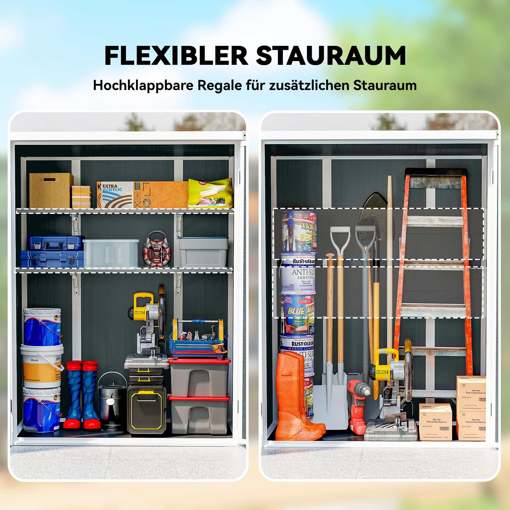 Outsunny Gerätehaus 0,8m², Geräteschuppen mit klappbar Regale, 134 x 68,5 x 170 cm, Kunststoff Gartenschuppen mit Schnell Aufbau Doppeltür Boden Schloss Handschuhe Gartenhaus für Werkzeuge