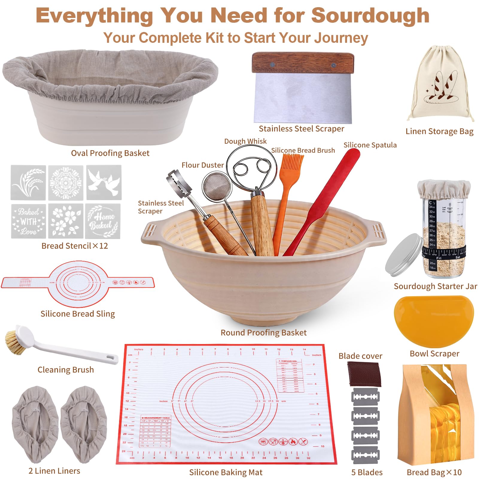 Sauerteig Starter Set mit 2 Gärkörbchen, 730ML Sauerteig Glas, Brotbackzubehör kit, Brot Backen Zubehör für Anfänger und Erfahrener Bäcker