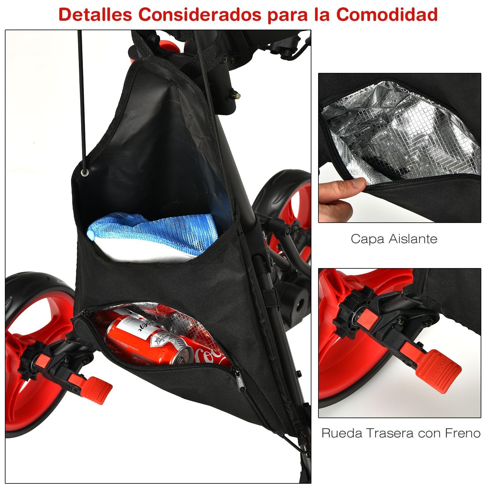 GYMAX Carrito de Golf Plegable de 4 Ruedas, Posiciones de Altura Ajustables, Ligero, con Soporte para Paraguas Ajustable, Bolsa Impermeable, Refrigerador Incorporado, Freno de Pie