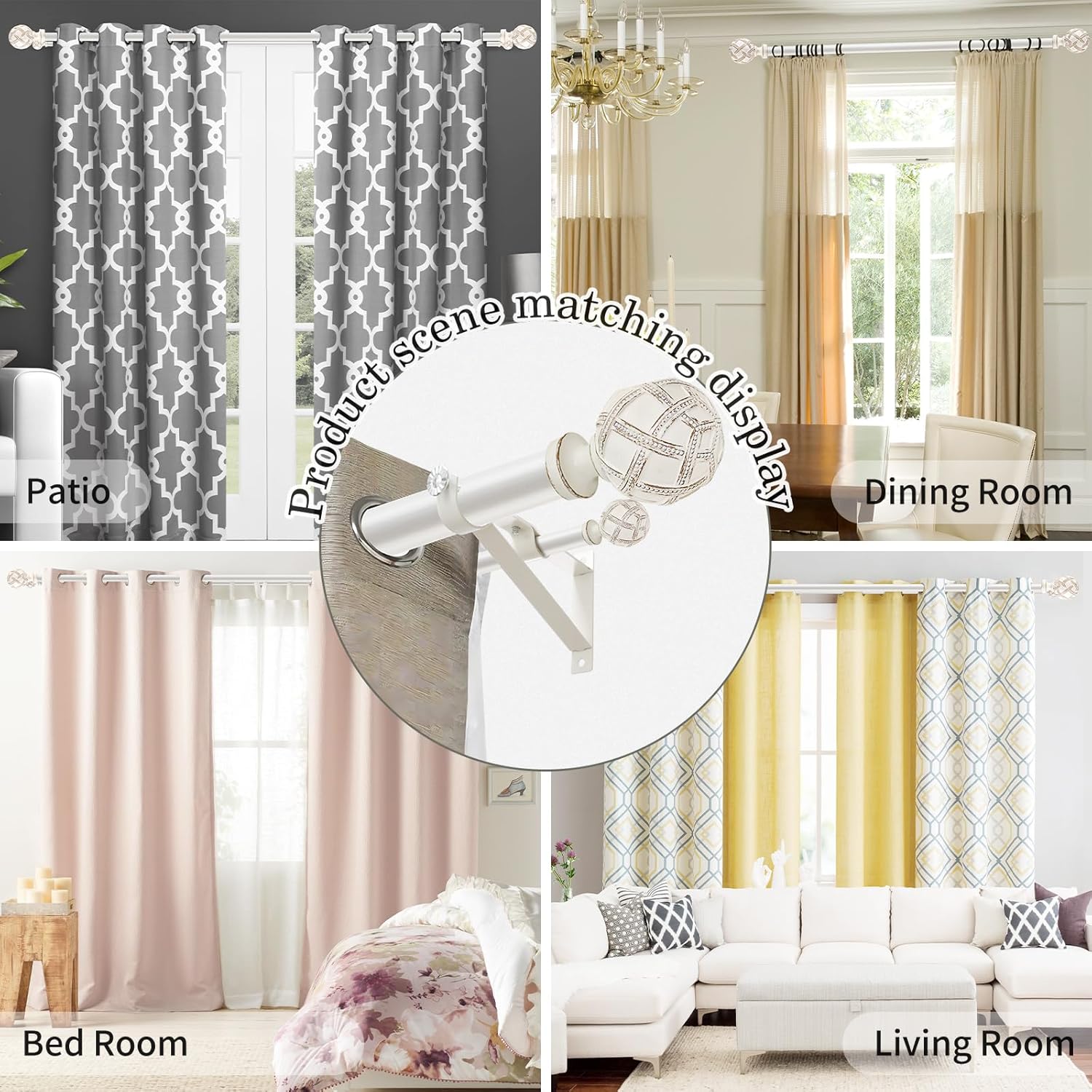 1 Inch Heavy Duty Adjustable Double Curtain Rod for Windows 66 to 120 Inches - Weathered White Boho Farmhouse Double Curtain Rod with Decorative Finials - for Living Room, Bedroom, Easy to install