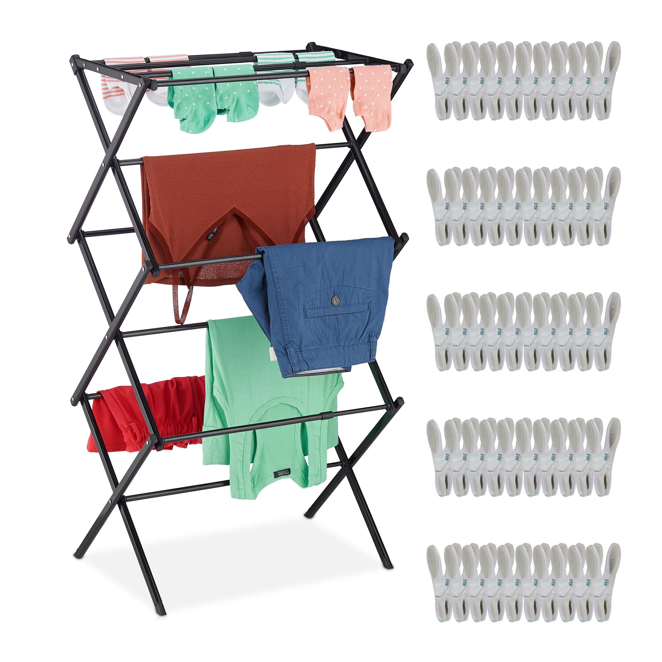 Relaxdays Tendedero Plegable, Extensible, 11 Varillas, 6 Niveles, Soporte para Colada Metálico, Tipo Torre, Negro