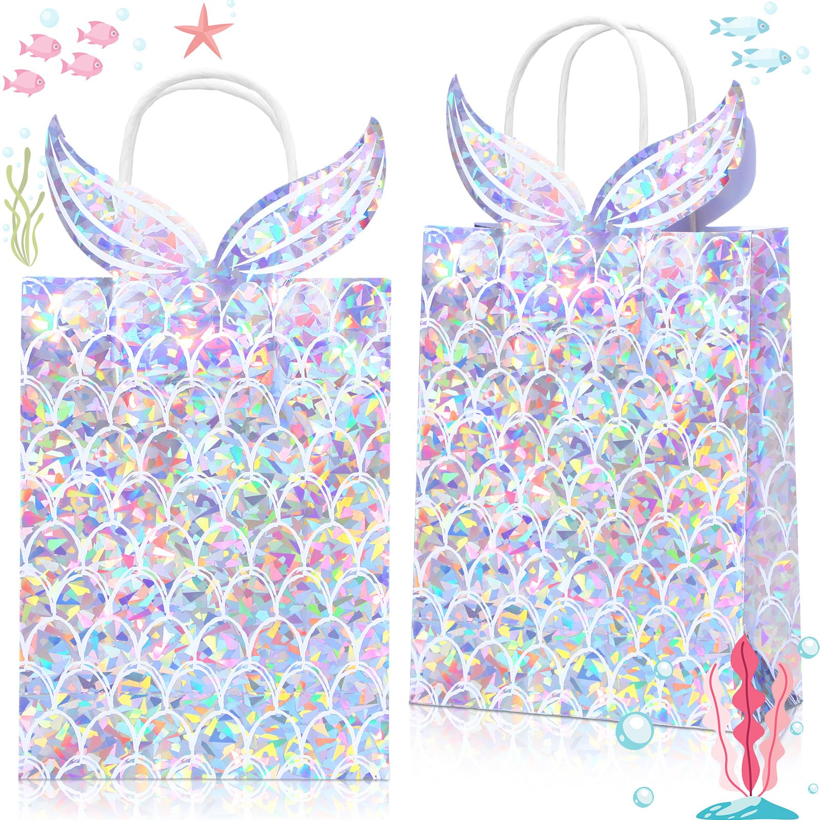 Watersay 24 Pcs Holographic Mermaid Gift Bags Iridescent Mermaid Party Favor Goodie Candy Treat Bags with Handles for Birthday Baby Shower Little