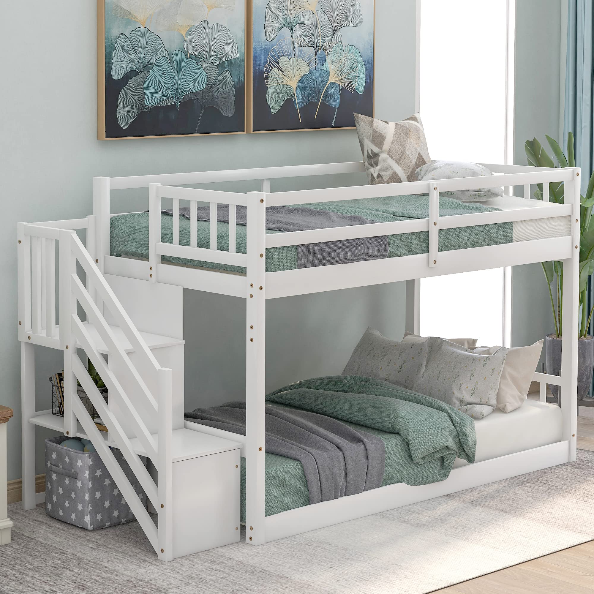 P PURLOVE Twin Over Twin Bunk Bed, Wood Bunk Bed Frame with Staircase, Staircases Can't Be Installed on Both Sides, No Box Spring Needed, White