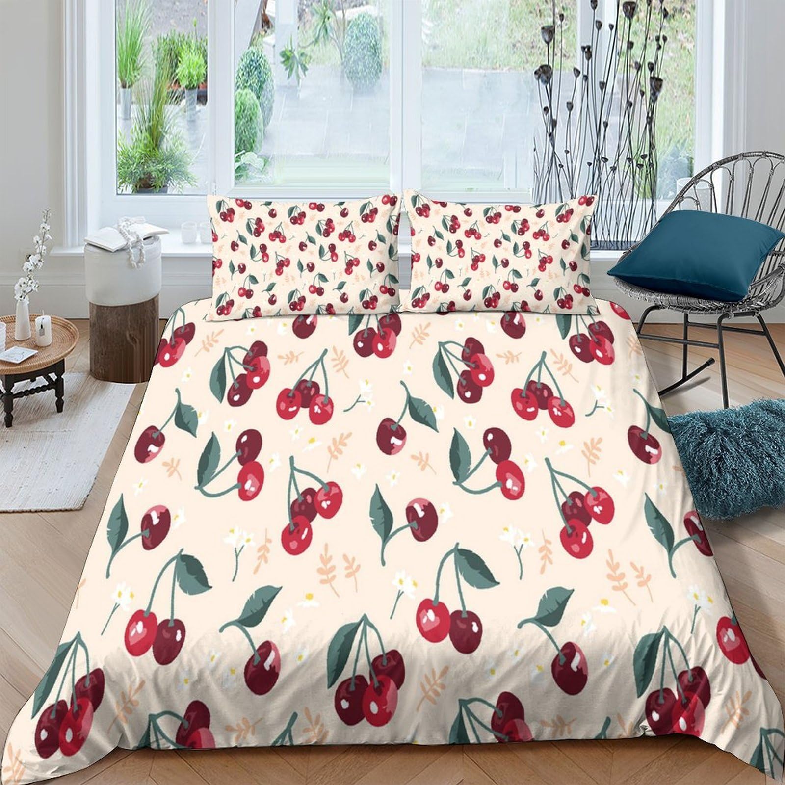 Ctjqhvkz Style-8 3D Printed Cherry Fruit Fitted Sheet Microfiber Soft Breathable Red Leaf Bed Cover For Bedroom Guestroom Decor Single（135X200cm）