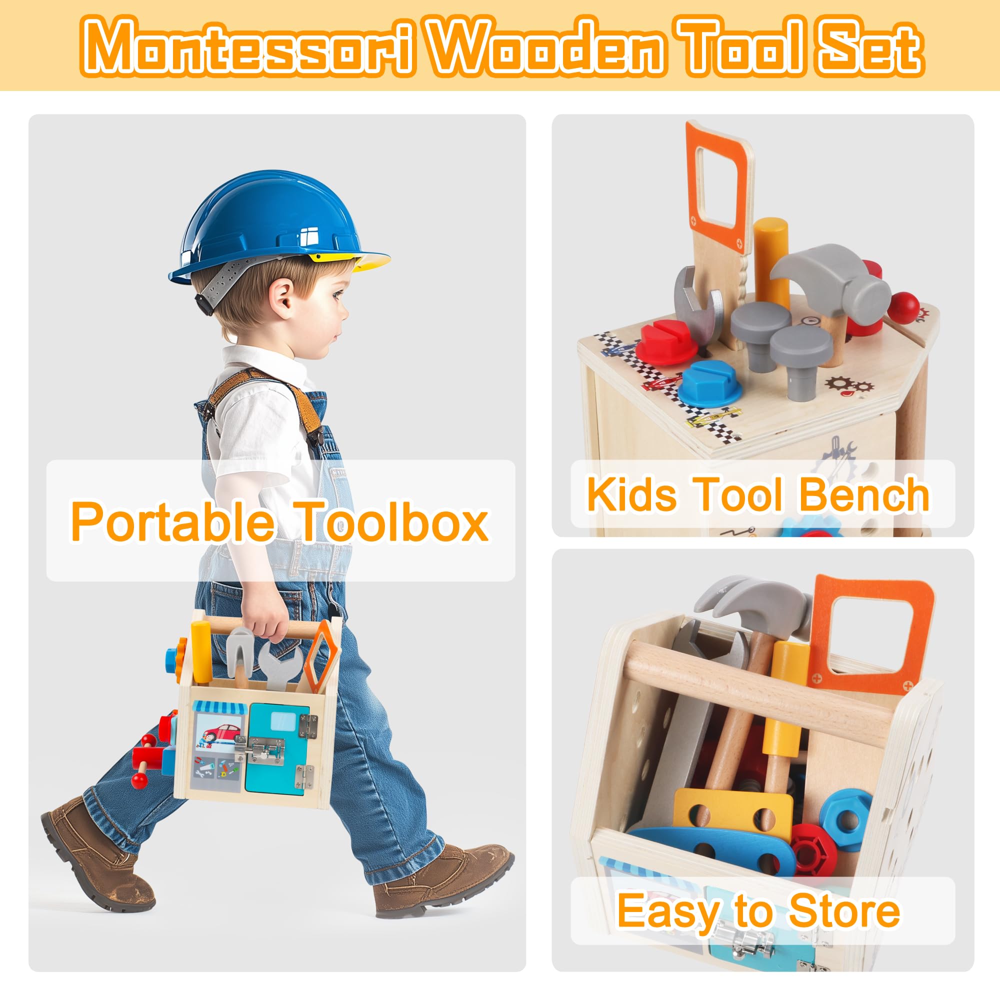 Kit de herramientas para niños pequeños, caja de herramientas Montessori de 33 piezas, juego de herramientas de juego de simulación para niños de 2 a 4 años, juguetes educativos STEM para 3 años 4