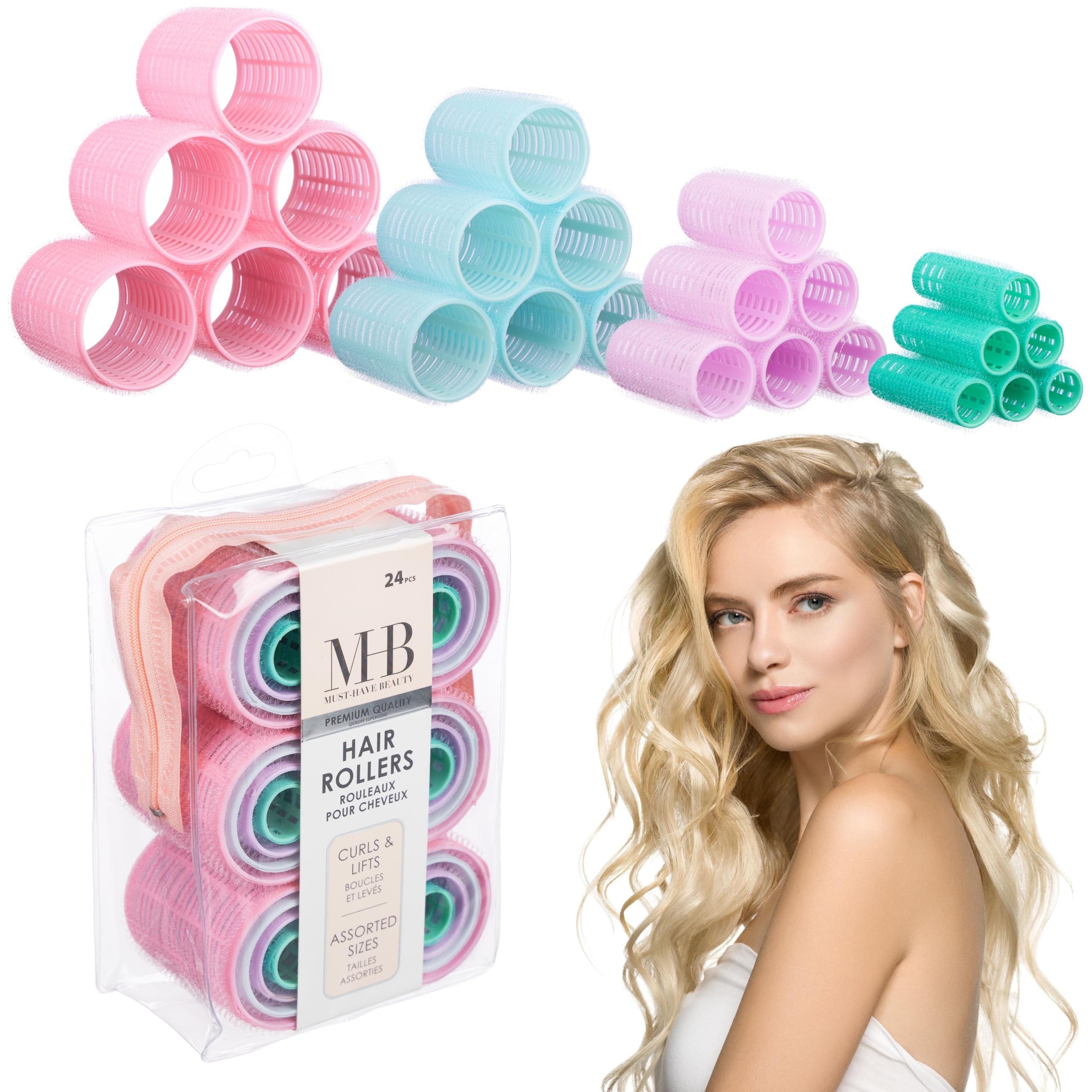 24pc Hair Rollers Collection - Pastel Colored Classic Hair Rollers for Curls & Lift, Self-Grip Velcro Hair Curlers for Women In Assorted Sizes