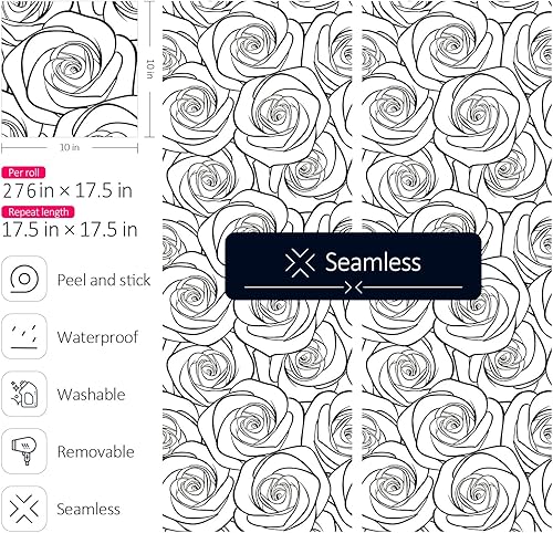 Miniatura 5 de Papel tapiz de rosas blancas y negras para despegar y pegar, papel de contacto floral para paredes, lavandería, 17.5 pulgadas x 10 pies,