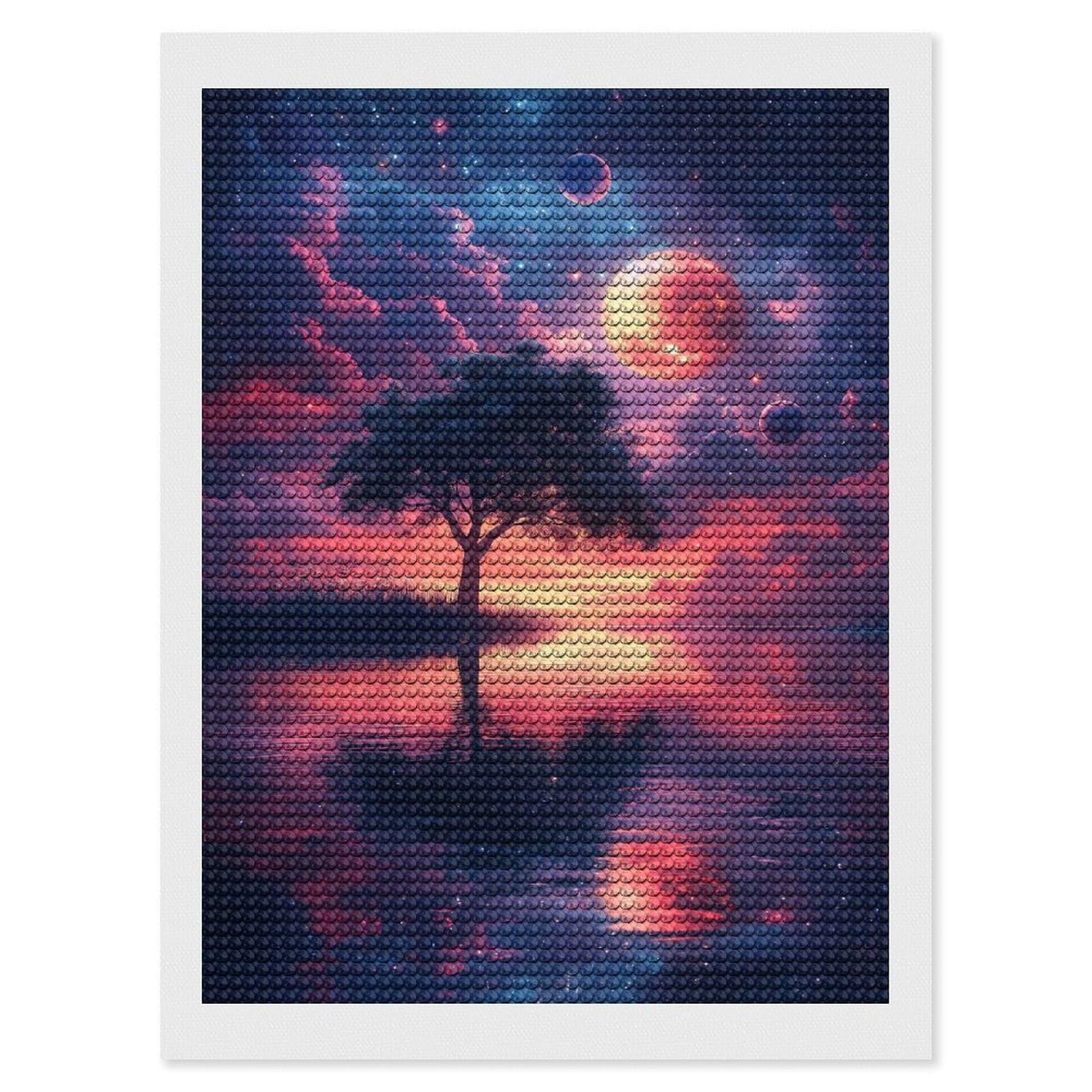 Junmoney Lonely Tree Under Cosmic Sky Diamond Art Canvas 12"x16", for Teens, Nice Detail and Sparkle, Farmhouse Decor, Festive Craft Gift, Easy to Enjoy