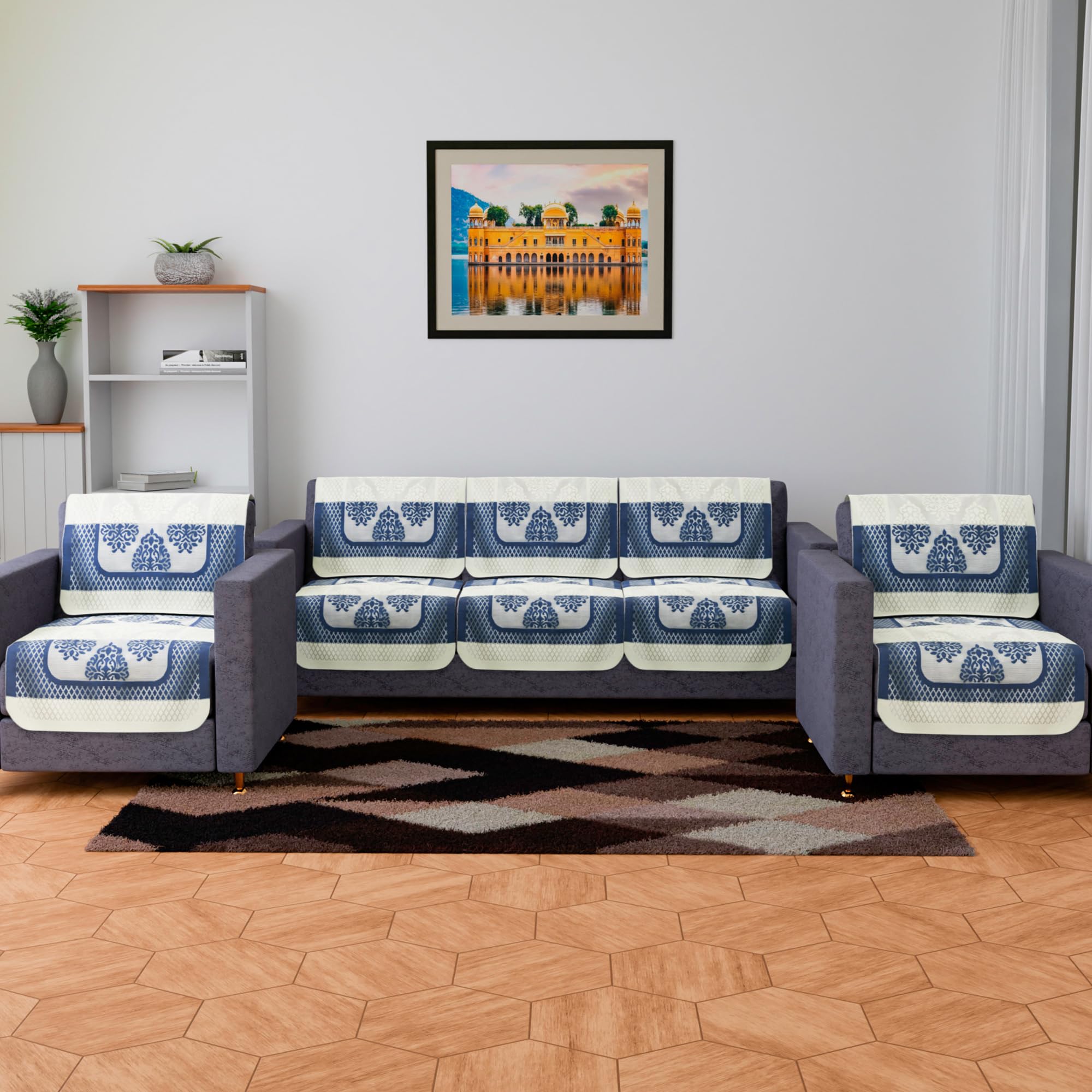 Kuber Industries Sofa Cover | Net Sofa Slipcover Set | Sofa Cover for Living Room, Hall | 5-Seater Sofa Cover for Home Decor | Blue Star Patta | Cream