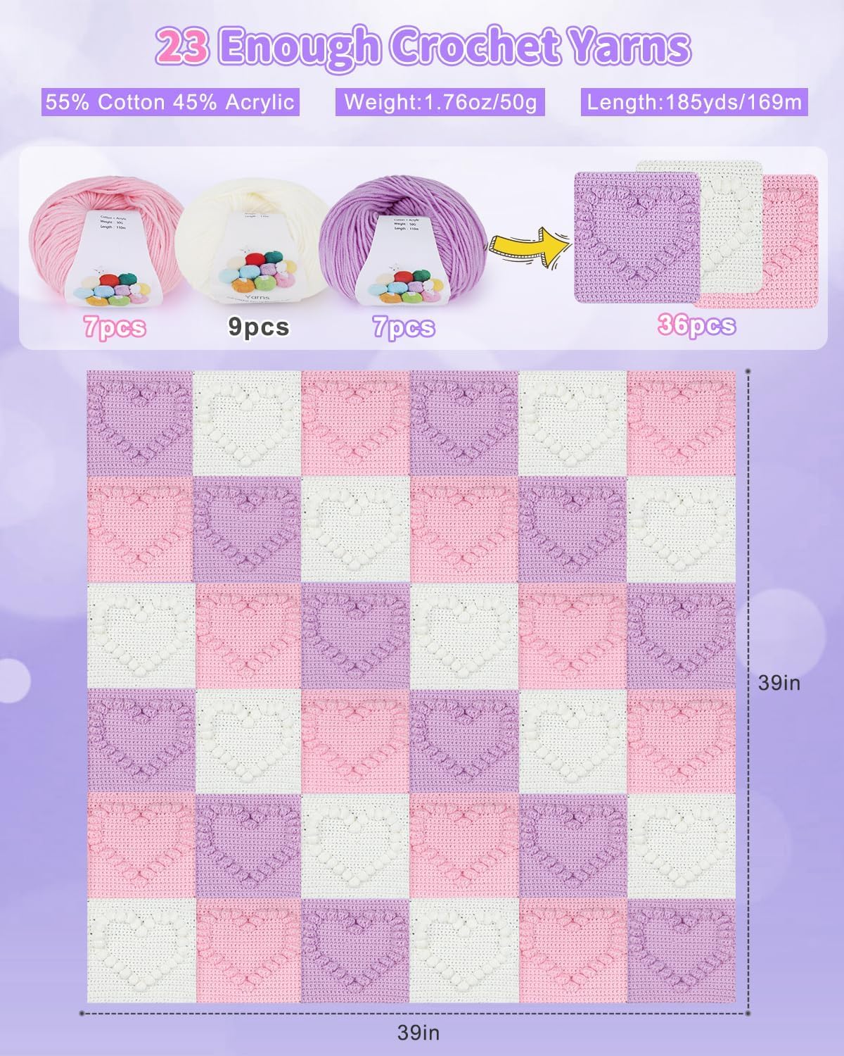 Coopay Häkeldecke Kit, Decke Häkelsets für Anfänger Erwachsene, Komplettes Starter-Häkelset mit Schritt-für-Schritt-Video & genug Garn, einfach zu häkeln 3D Love Granny Square Decke, Rosa-Lila