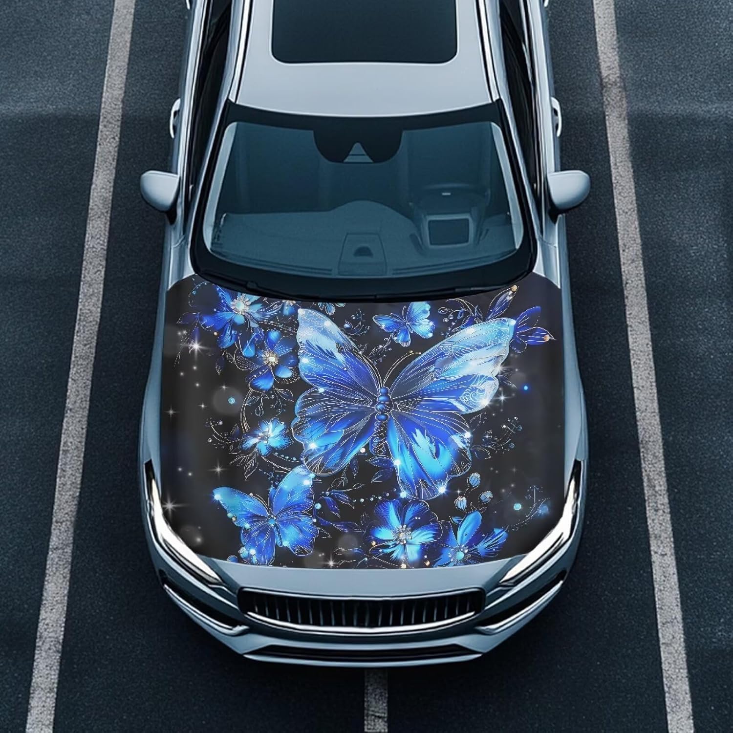 Dreaweet Car Hood Cover Blue Butterfly Hood Covers for Trucks SUV Universal Auto Accessories Stretchable Washable Car Hood Wrap Cloth Easy to Install