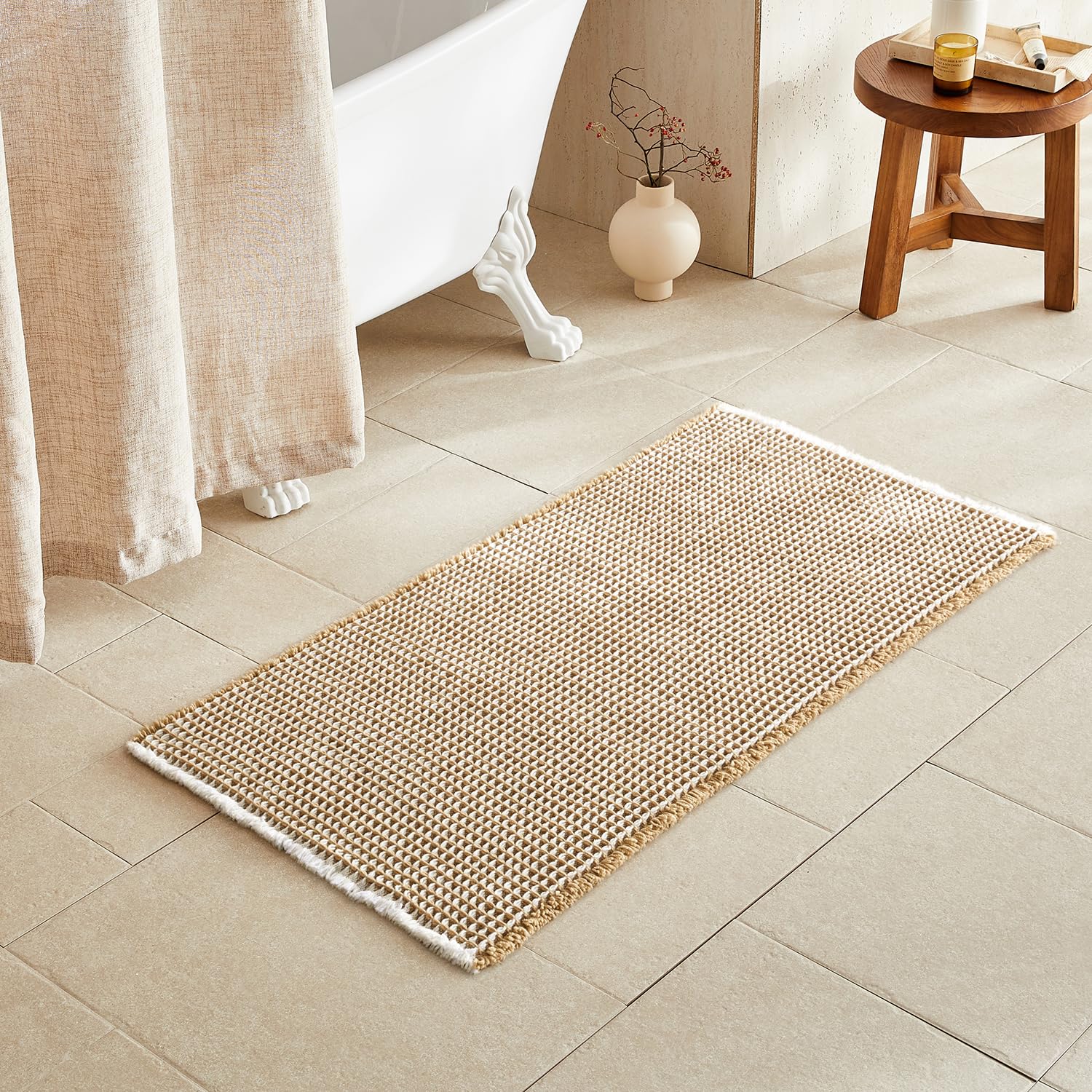 TYUU Waffle Bath Mat, Boho Bathroom Rugs Non Slip, 48x24 Khaki &amp; White