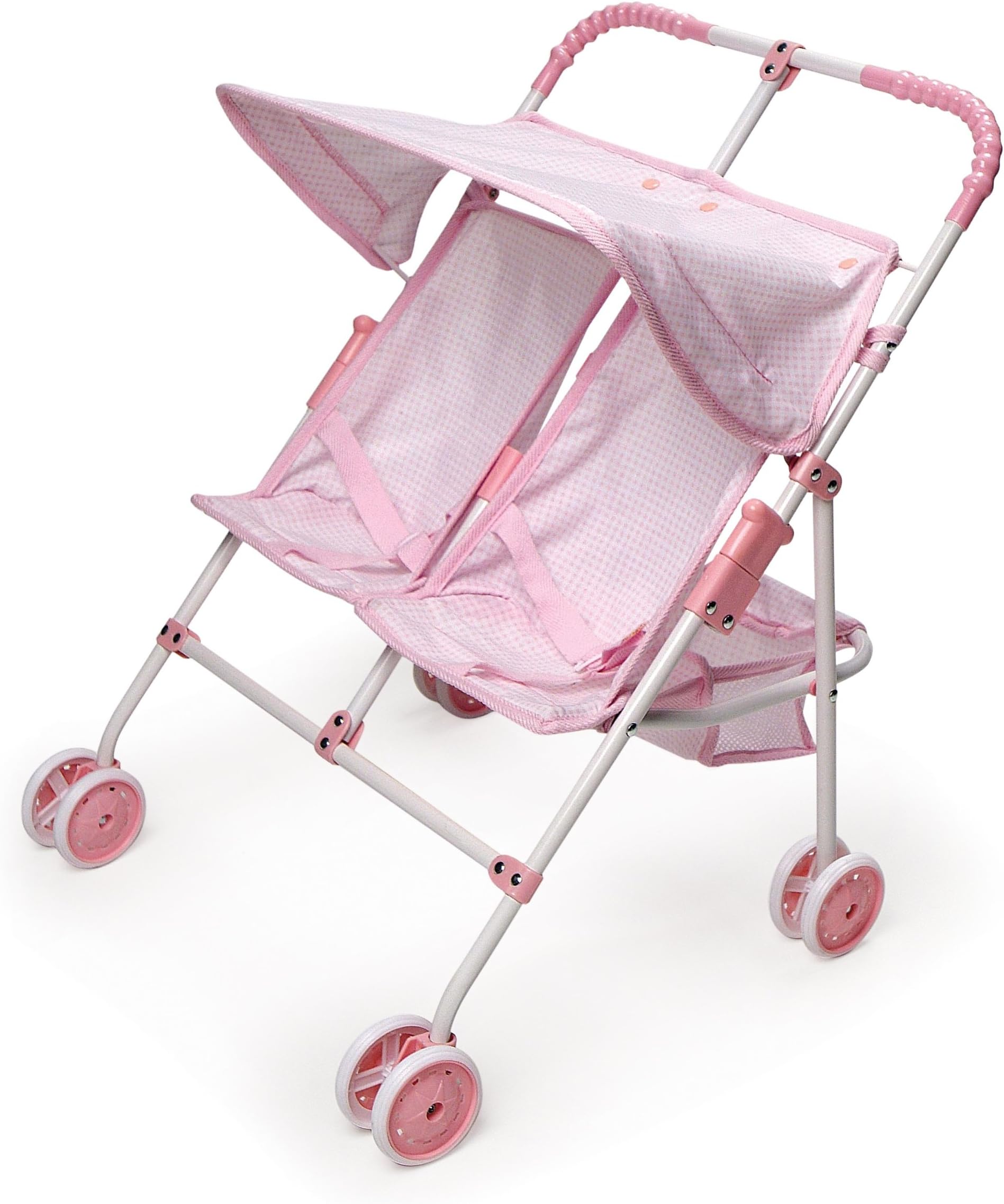 Badger Basket Double Doll Stroller - Foldable Tandem Stroller for Dolls with Canopy, Basket & Safety Belts - Lightweight Toy for Kids - Design in Pink & White