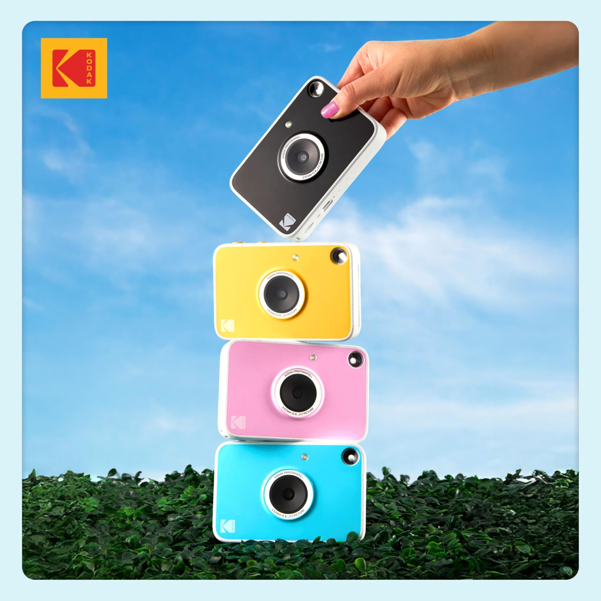 KODAK Printomatic+ - Kit di base per fotocamera digitale a stampa istantanea, custodia da trasporto e carta fotografica Zink con retro adesivo, 10 MP, foto a colori, indicatore di stato a LED GB