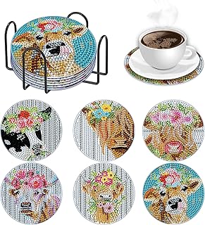 DCIDBEI Diamond Painting Coasters 6 Pcs Diamond Art Coasters Set Cow Diamond Art Coasters Painting Kits for Kids and Adult Diamond Dots Cow Diamond Painting Animals Diamond Art Coasters with Holder
