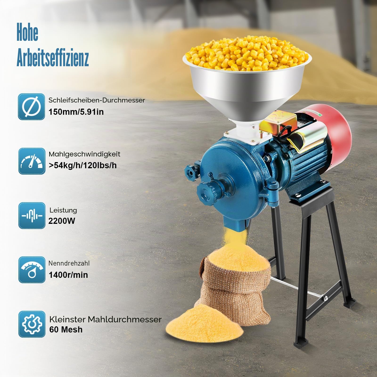 2200W 220V Elektrisch Getreidemühle Kornmühle Schrotmühle, Weizenmühle Tragbare Hochgeschwindigkeits Schleifmaschine, für Getreide Mais Stroh Futter Kräuter Gewürze Nüsse