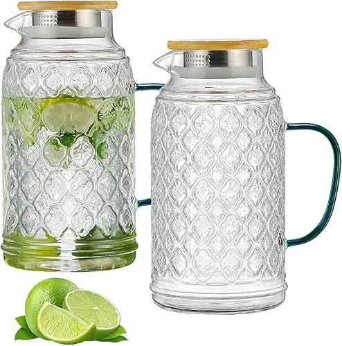 Miniatura 13 de Jarra de vidrio Buaic con tapa, paquete de 2 unidades, jarra de agua vintage de 68 oz/2 litros, jarra de agua de vidrio de borosilicato transparente